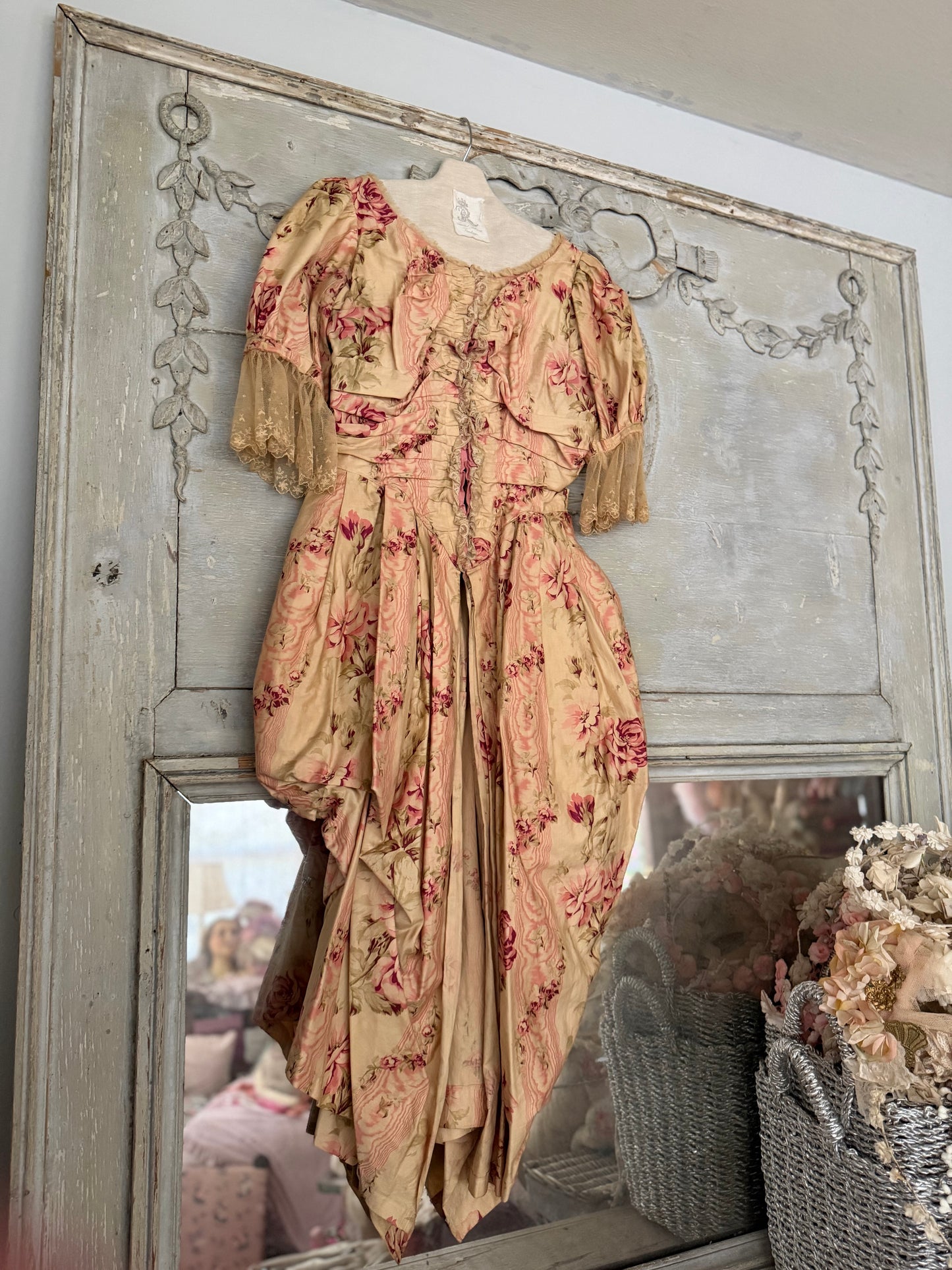 Antique French Pink Rose Floral Rococo Theater Costume Dress