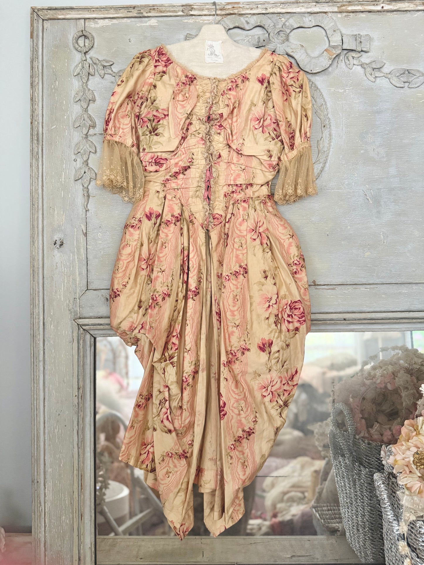 Antique French Pink Rose Floral Rococo Theater Costume Dress