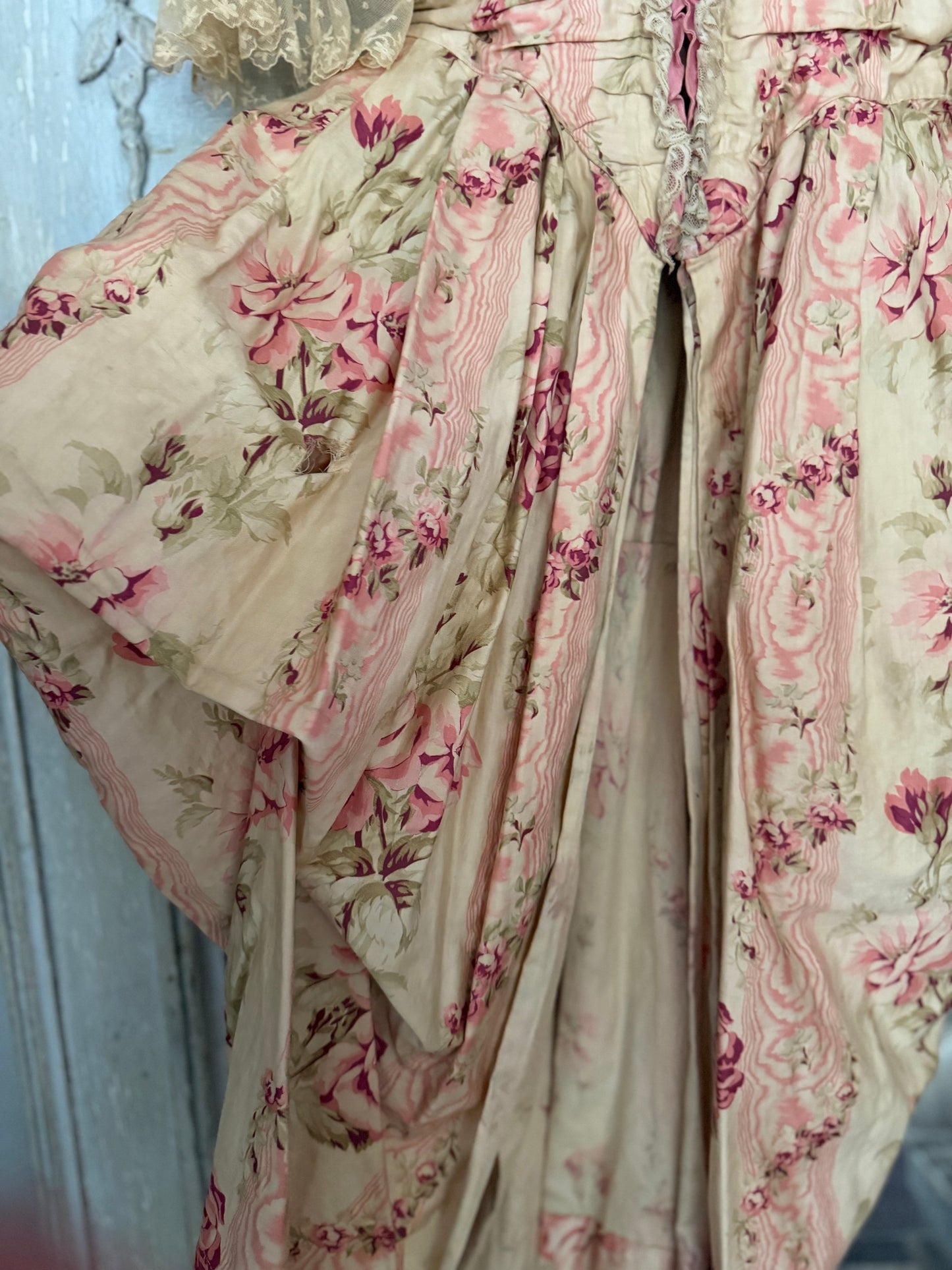 Antique French Pink Rose Floral Rococo Theater Costume Dress