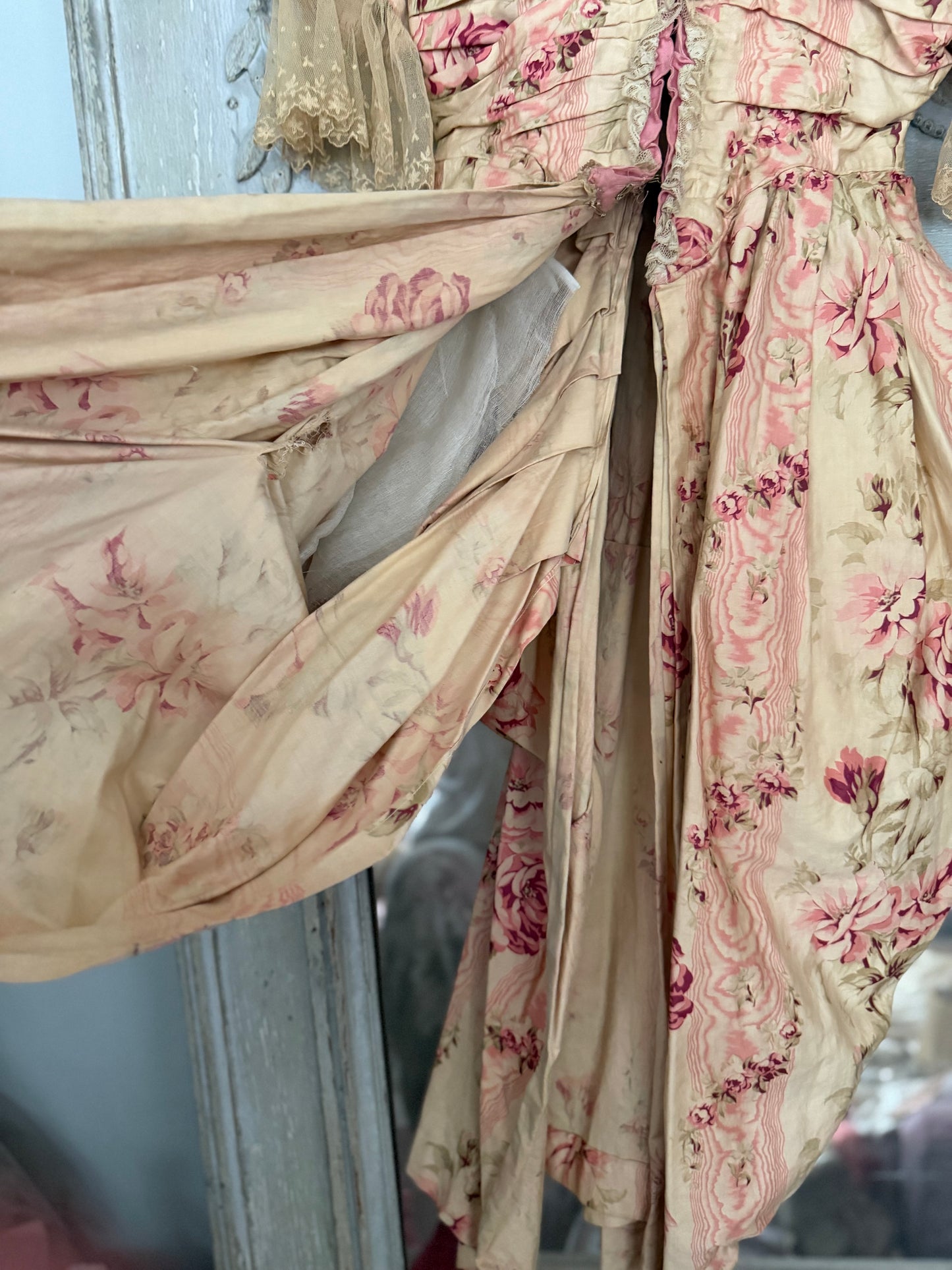 Antique French Pink Rose Floral Rococo Theater Costume Dress