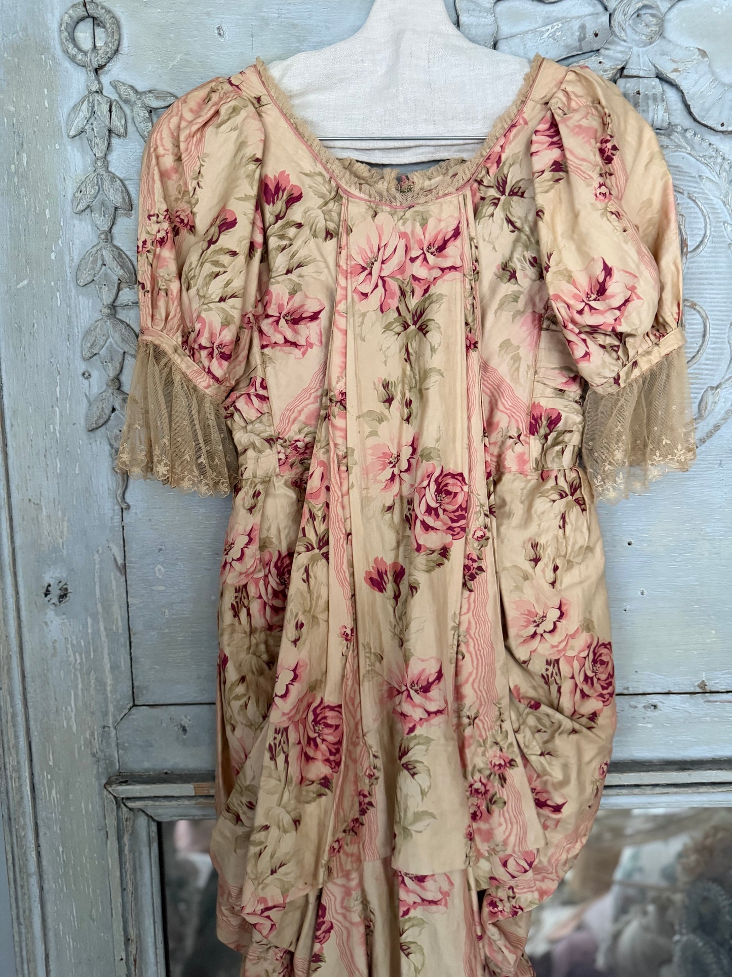 Antique French Pink Rose Floral Rococo Theater Costume Dress