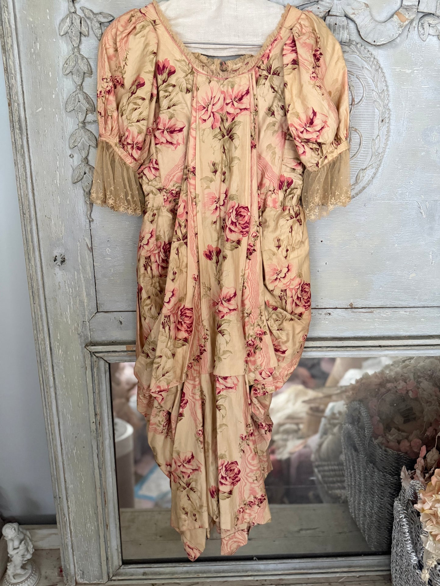 Antique French Pink Rose Floral Rococo Theater Costume Dress