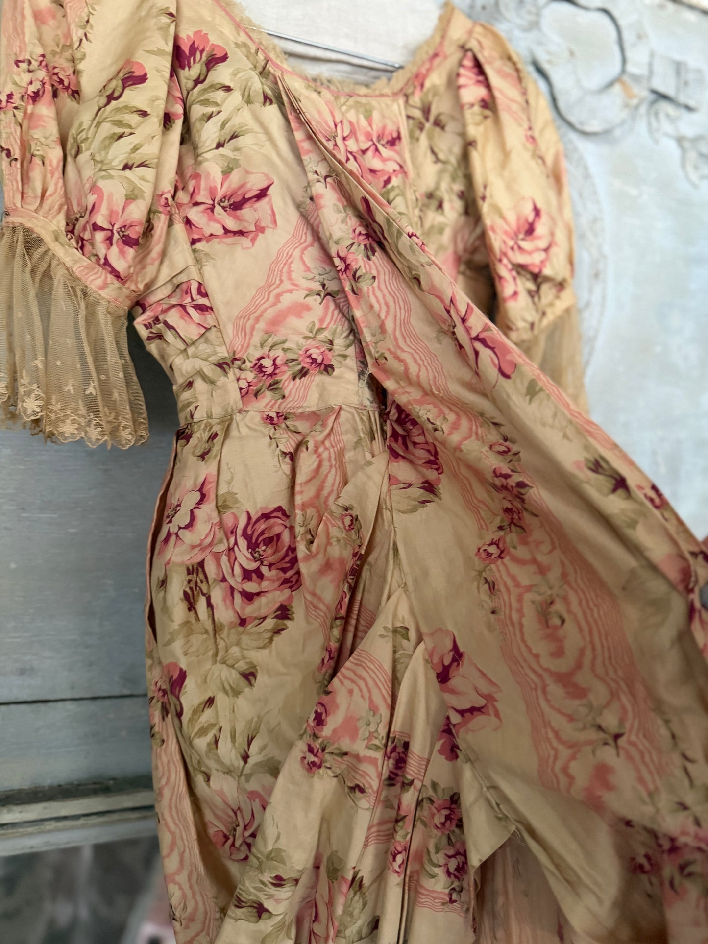 Antique French Pink Rose Floral Rococo Theater Costume Dress