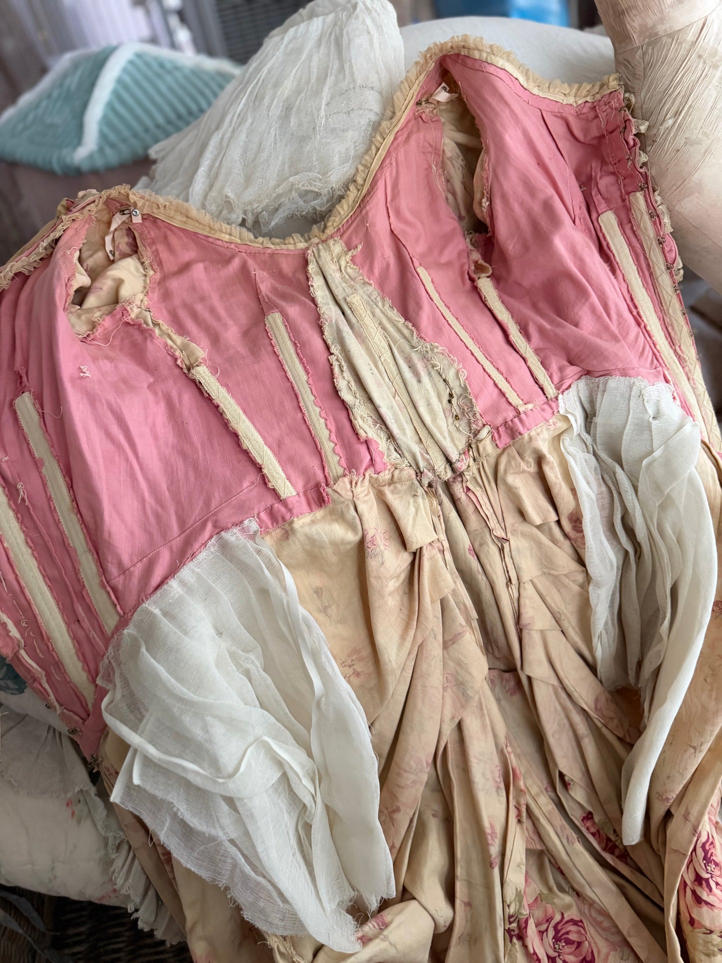 Antique French Pink Rose Floral Rococo Theater Costume Dress