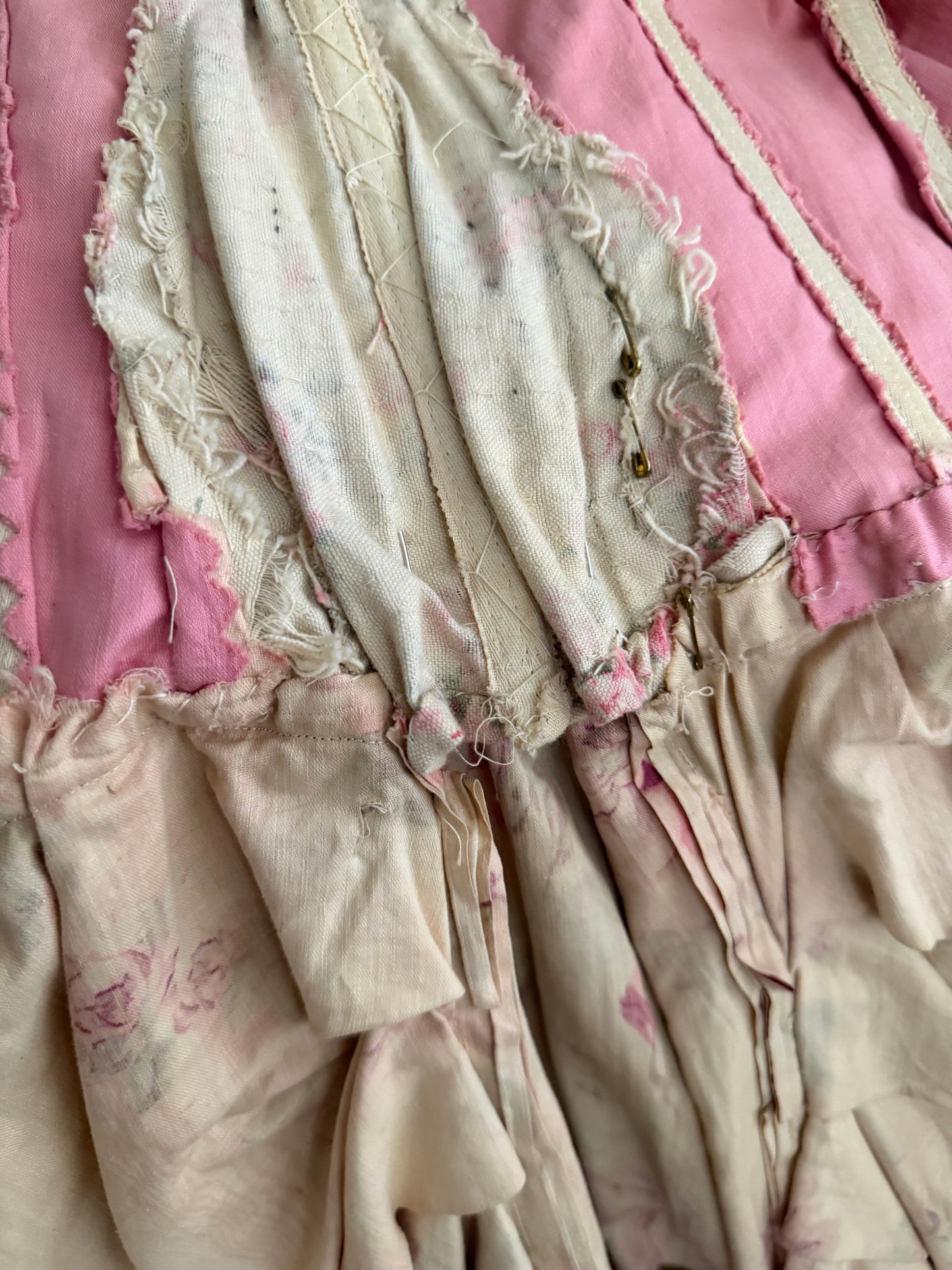 Antique French Pink Rose Floral Rococo Theater Costume Dress