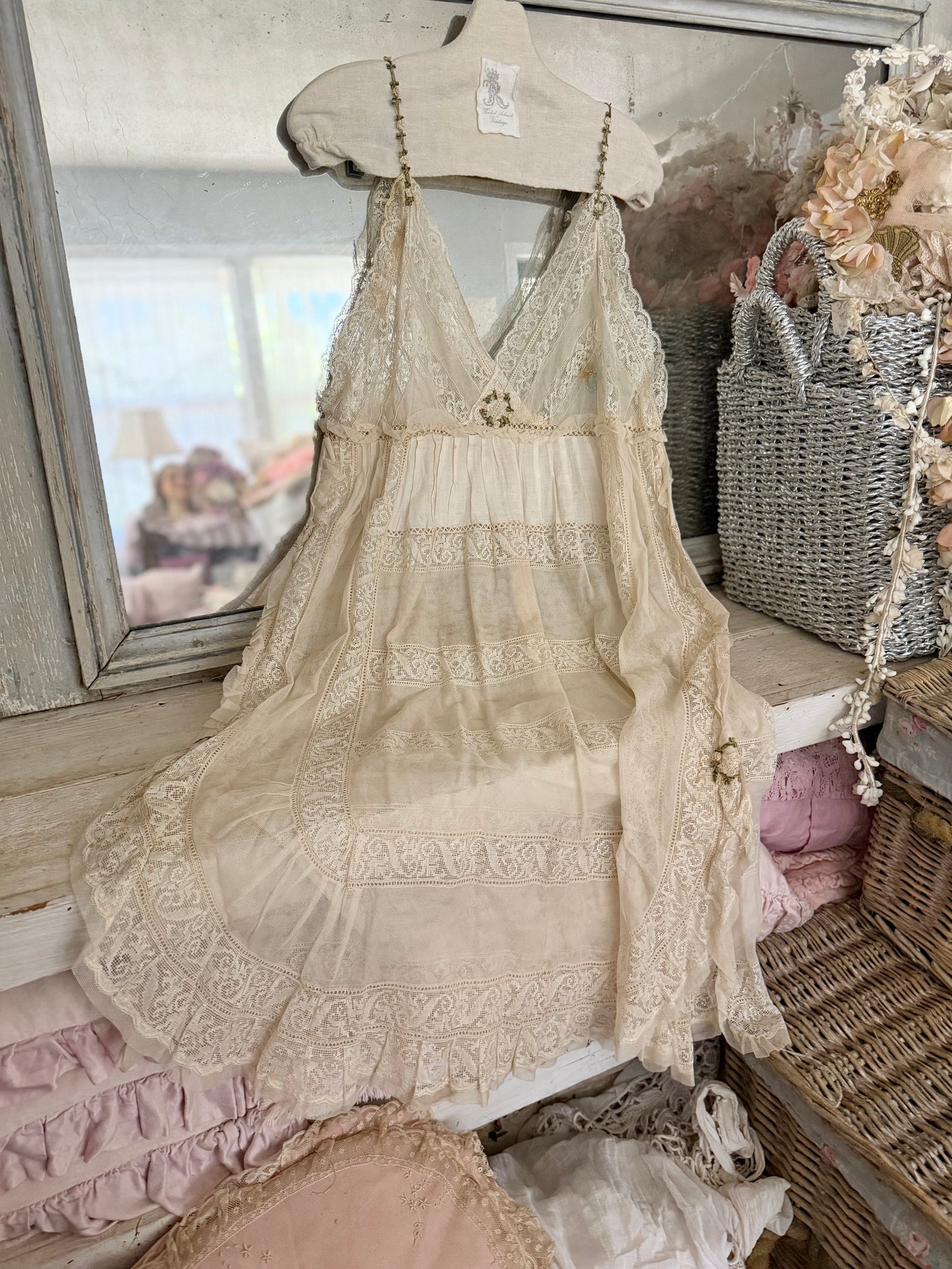 Antique French Lace Wedding Trousseau Ribbonwork Nightgown