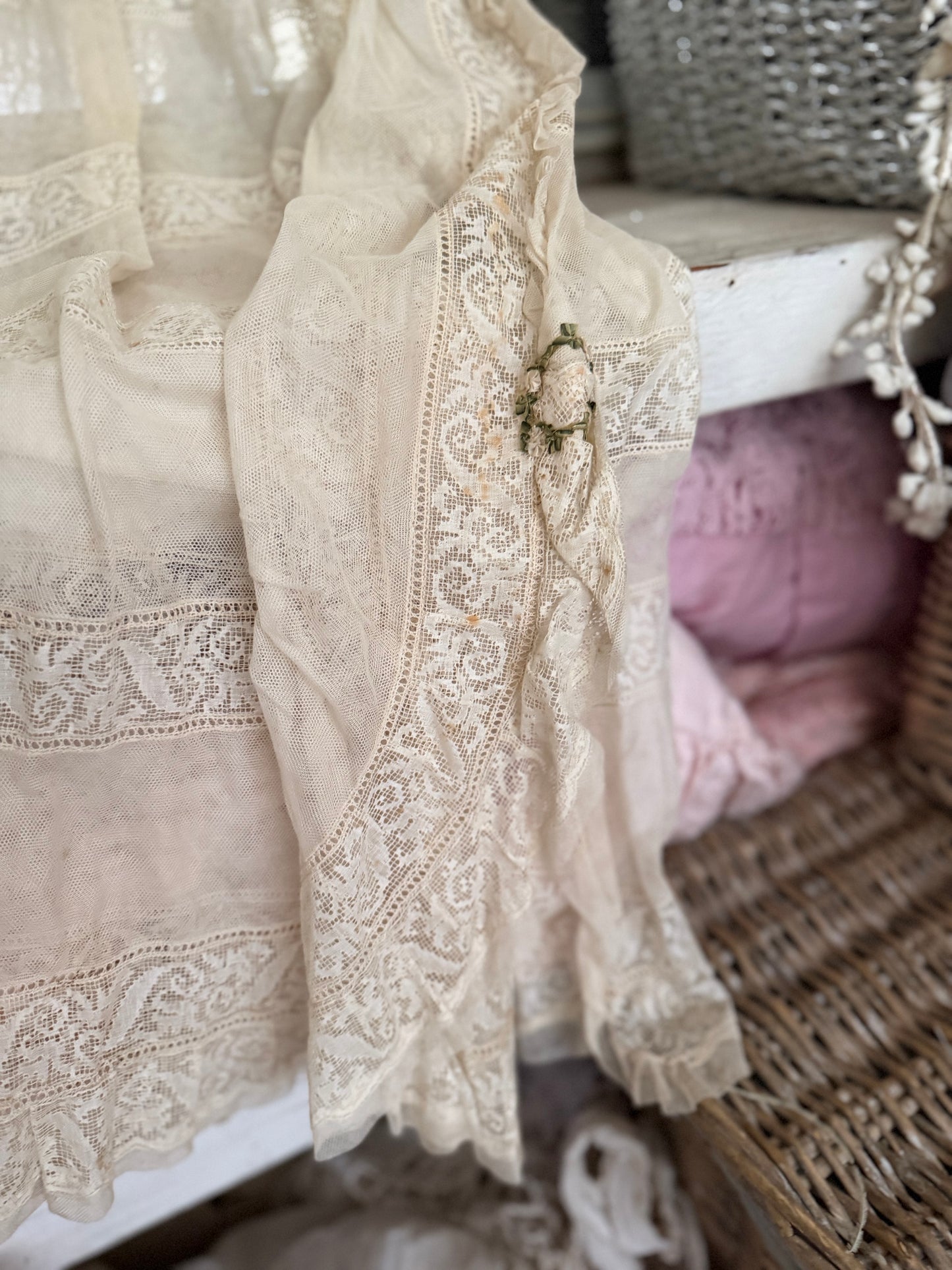 Antique French Lace Wedding Trousseau Ribbonwork Nightgown