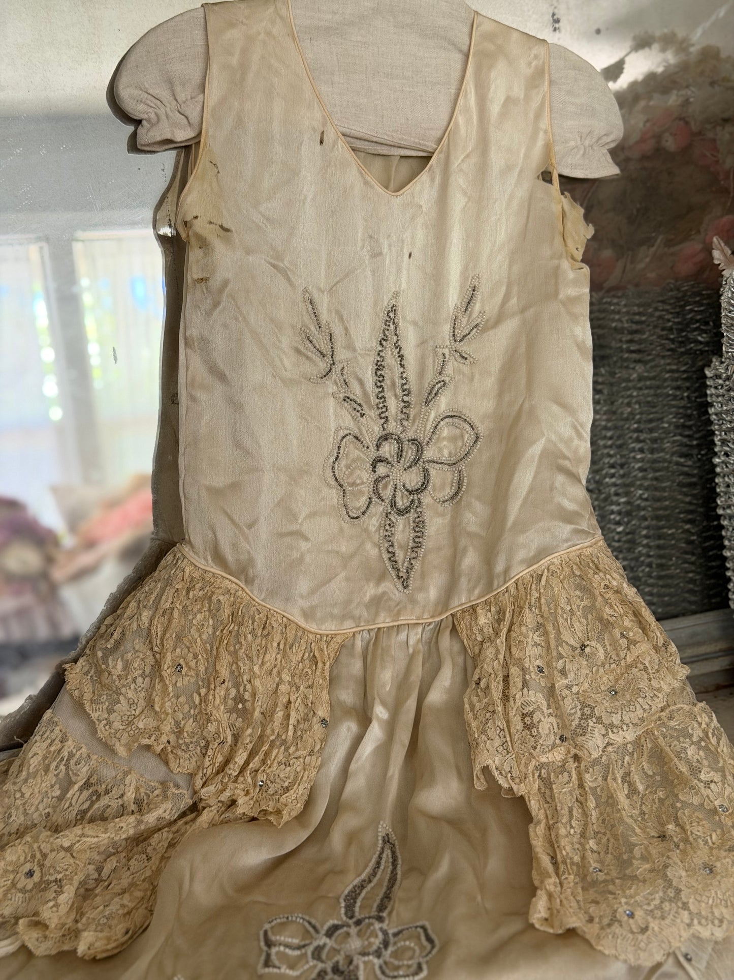 Antique 1920s Beaded Silk Rhinestone Pannier Dress