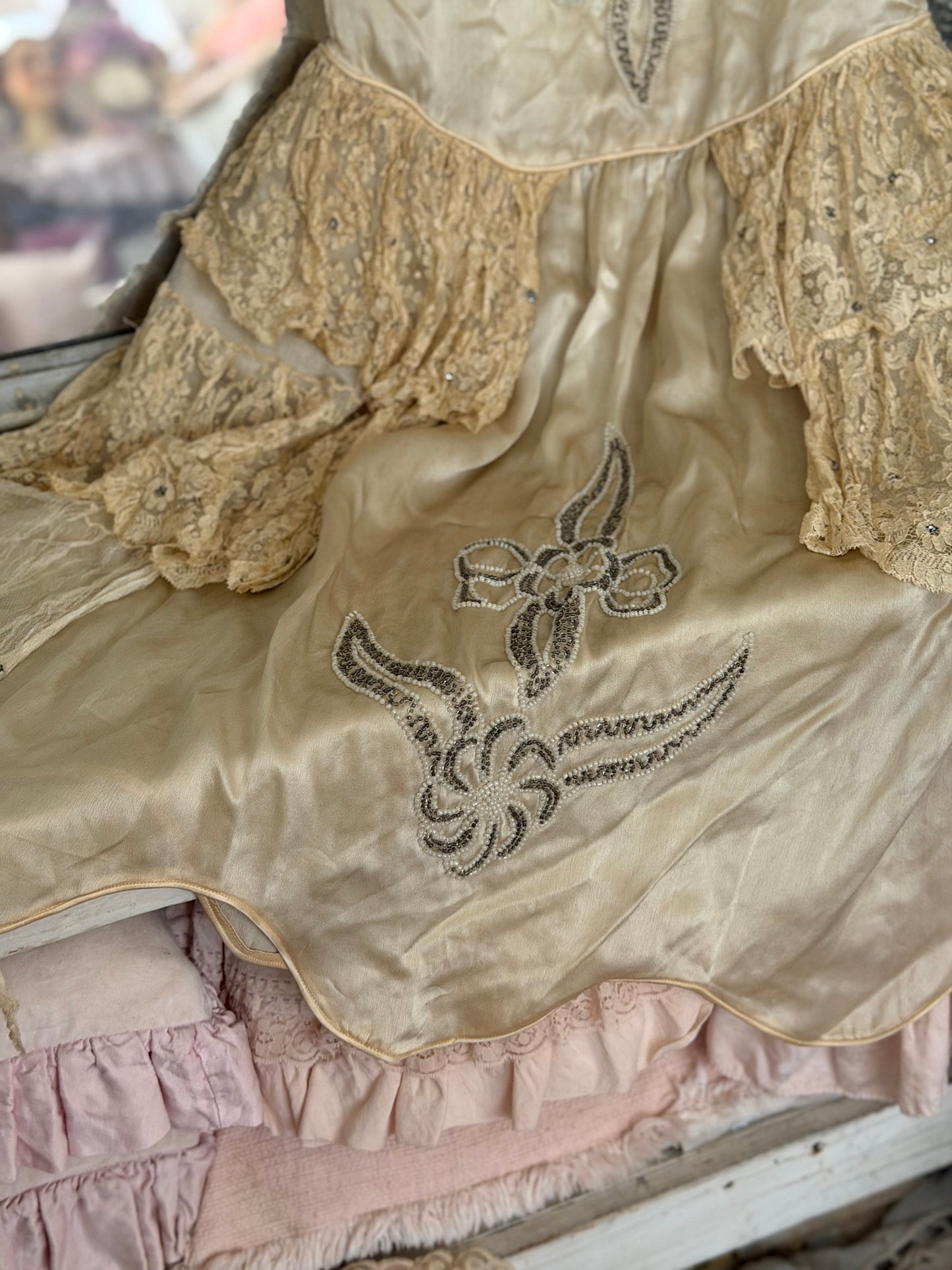 Antique 1920s Beaded Silk Rhinestone Pannier Dress