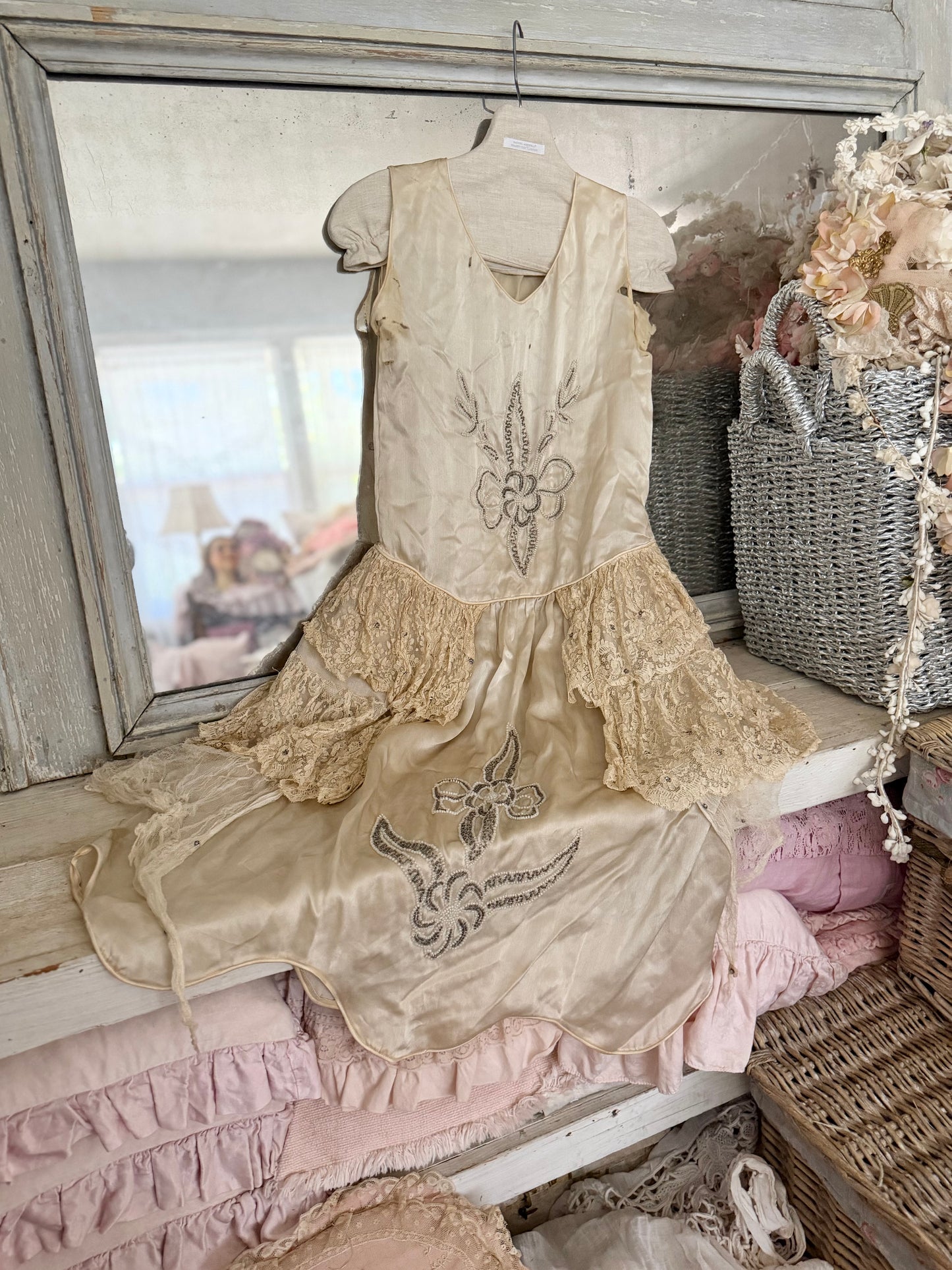 Antique 1920s Beaded Silk Rhinestone Pannier Dress