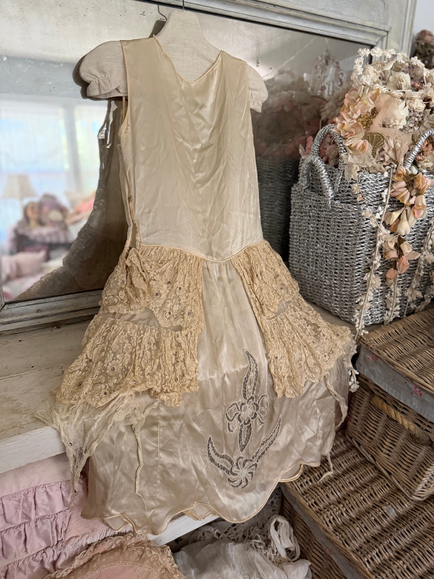 Antique 1920s Beaded Silk Rhinestone Pannier Dress