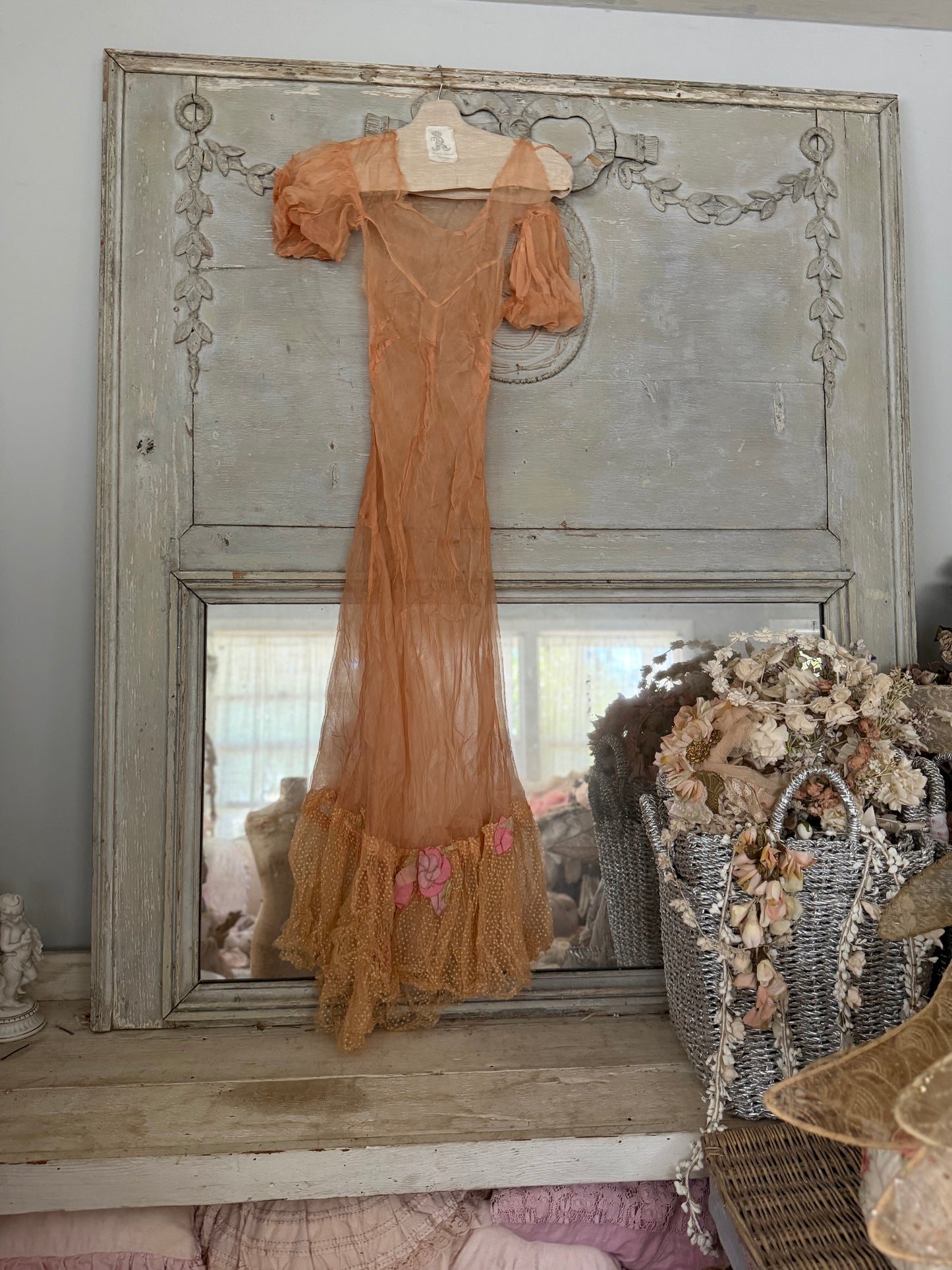 Antique Pink Silk Lace Floral Appliqué Dress