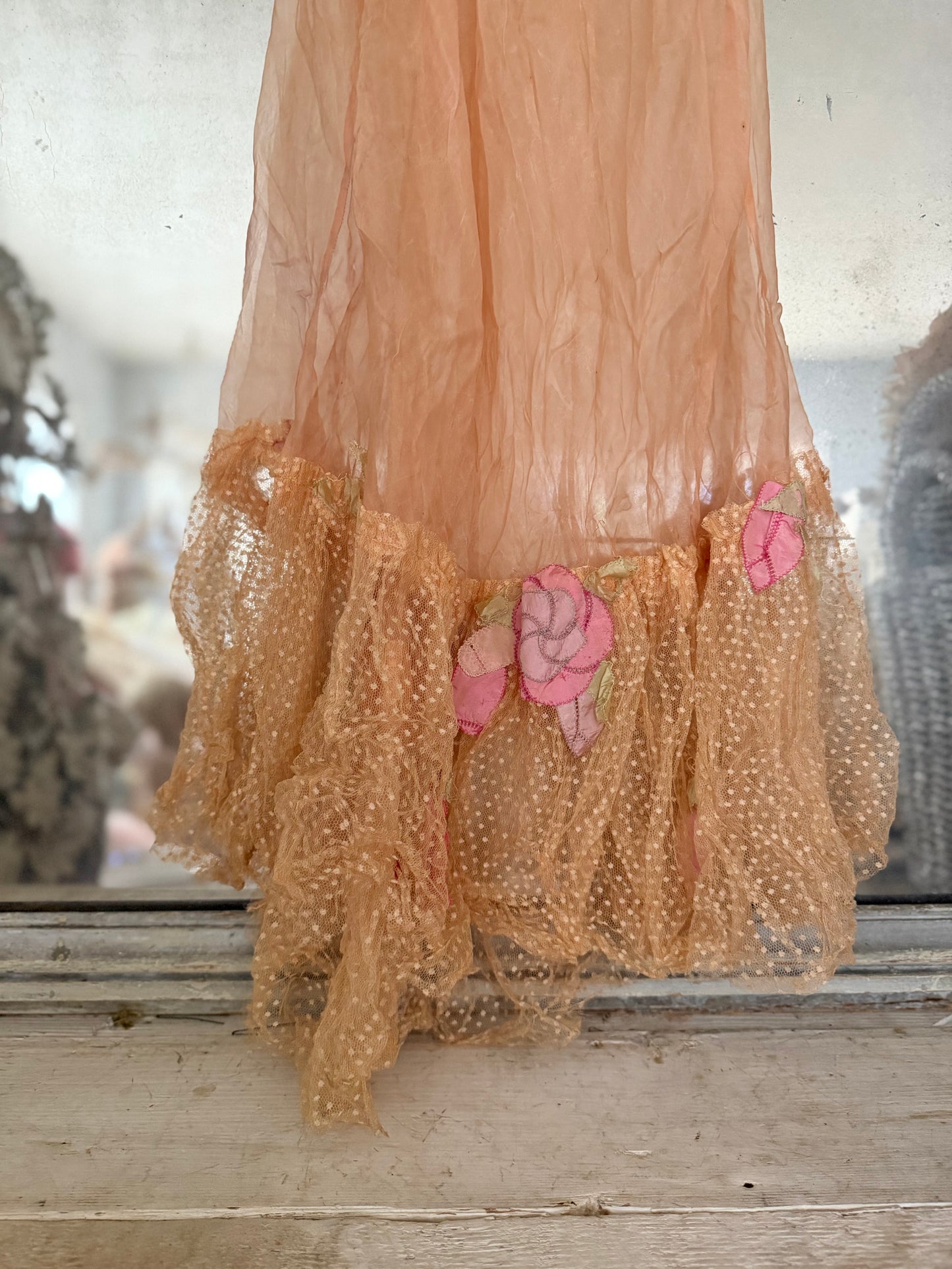 Antique Pink Silk Lace Floral Appliqué Dress