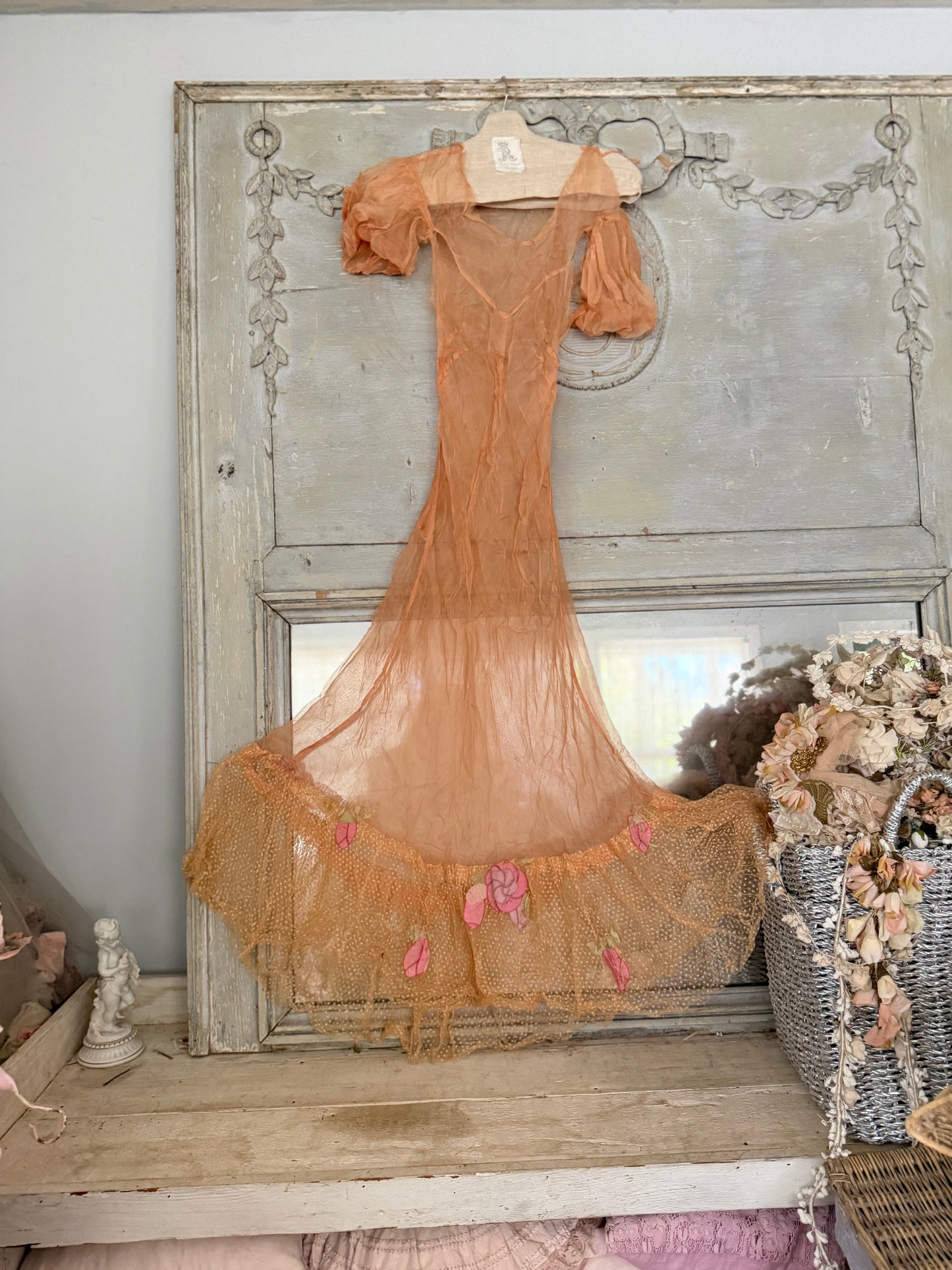 Antique Pink Silk Lace Floral Appliqué Dress