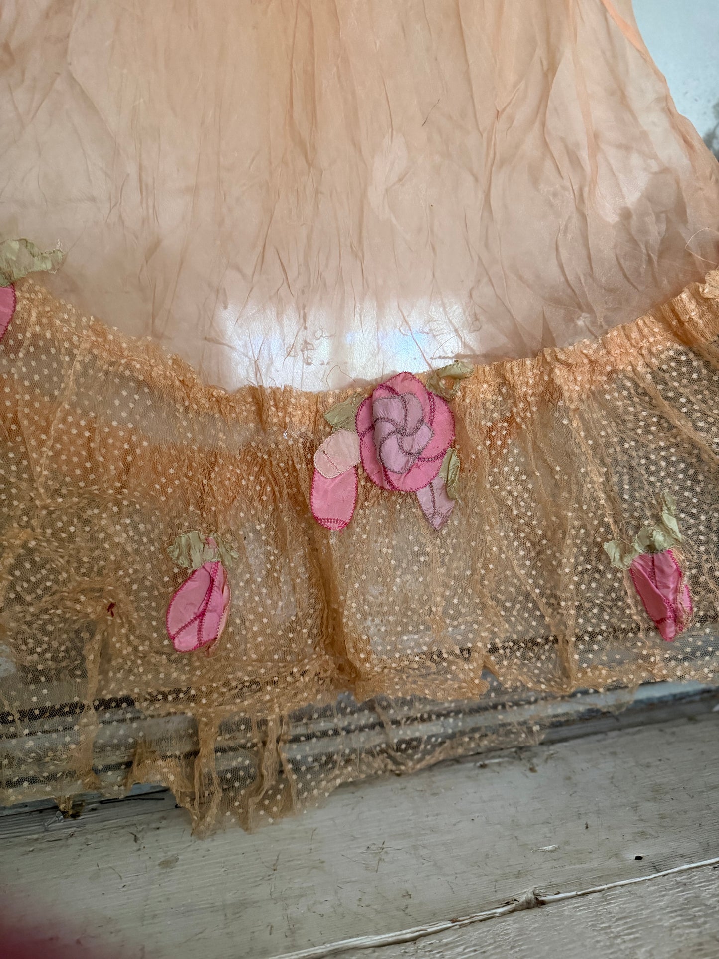 Antique Pink Silk Lace Floral Appliqué Dress