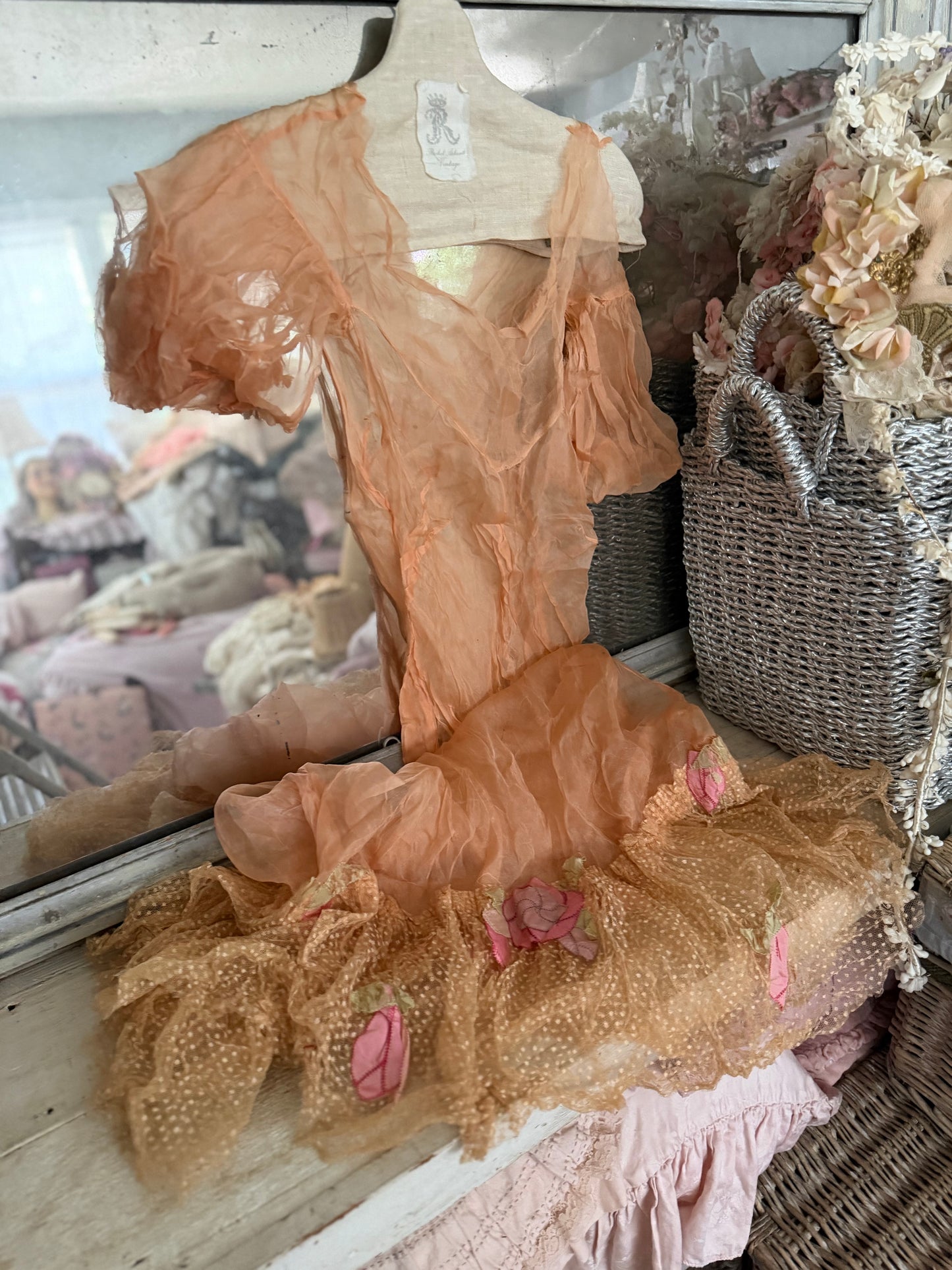 Antique Pink Silk Lace Floral Appliqué Dress