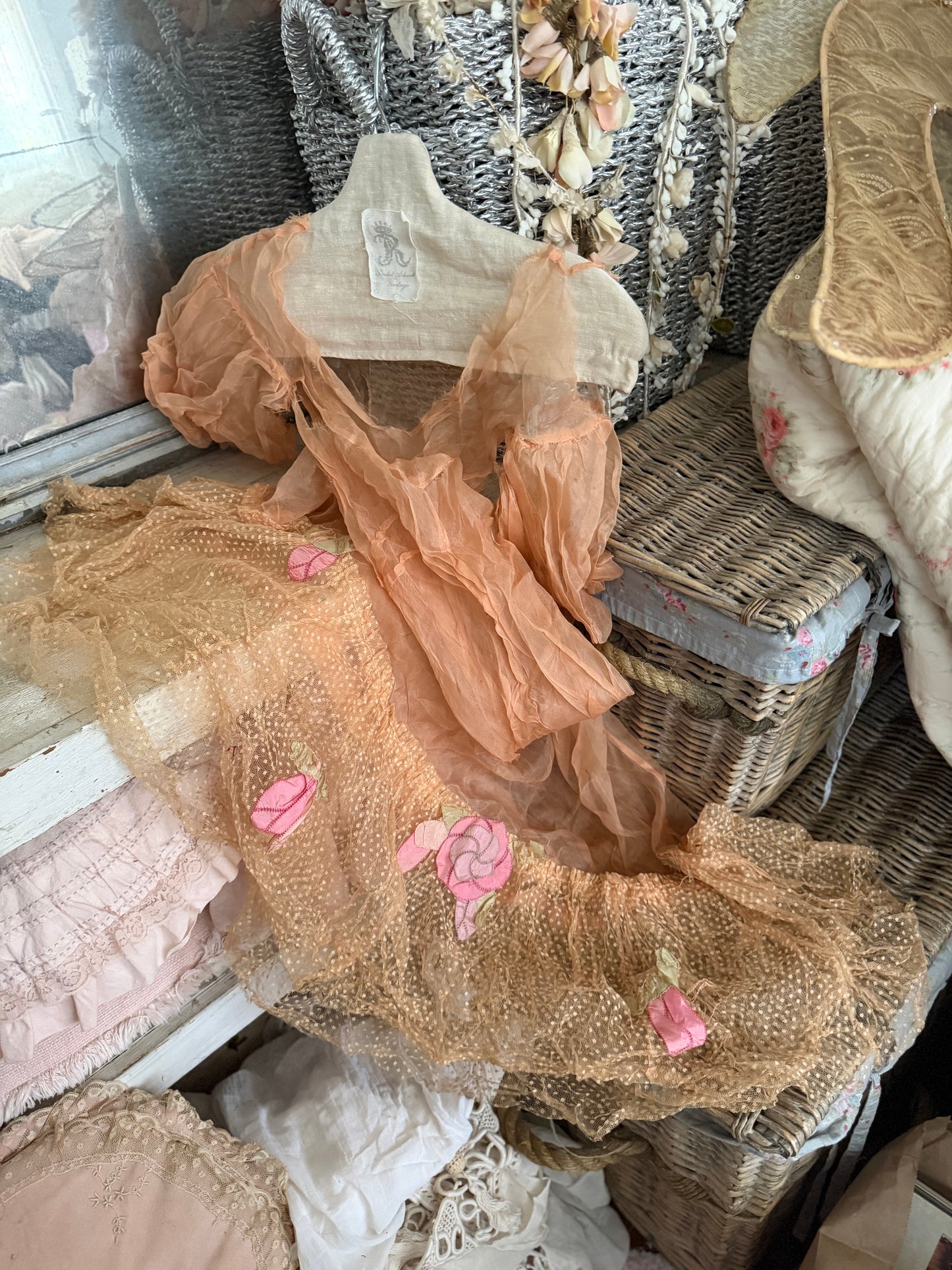 Antique Pink Silk Lace Floral Appliqué Dress