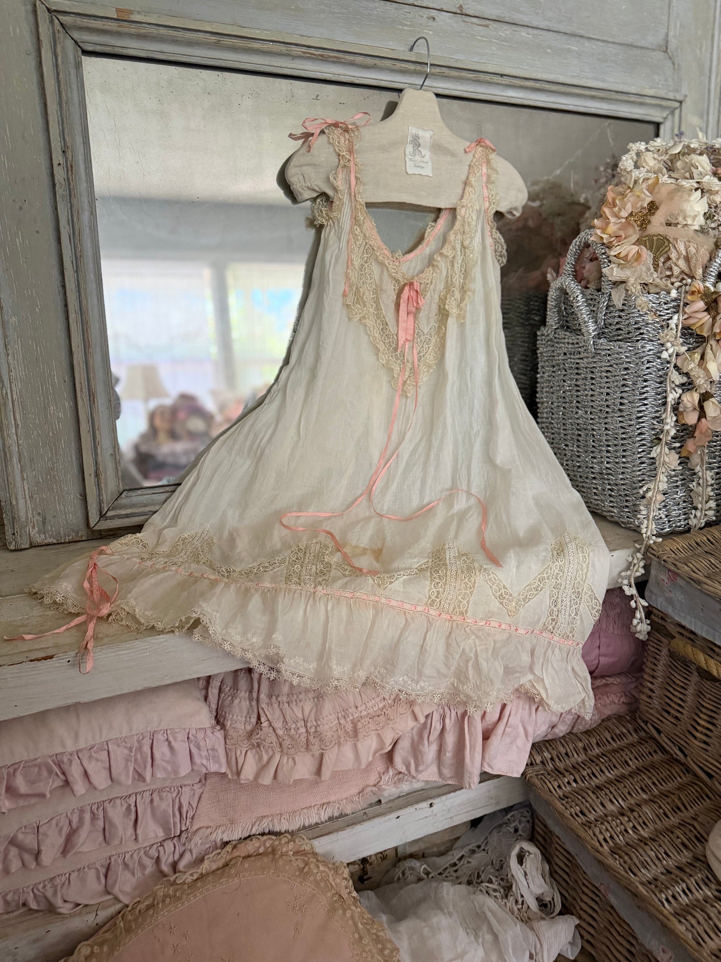 Antique Victorian Floral Lace Nightgown Slip Pink Ribbon Bow