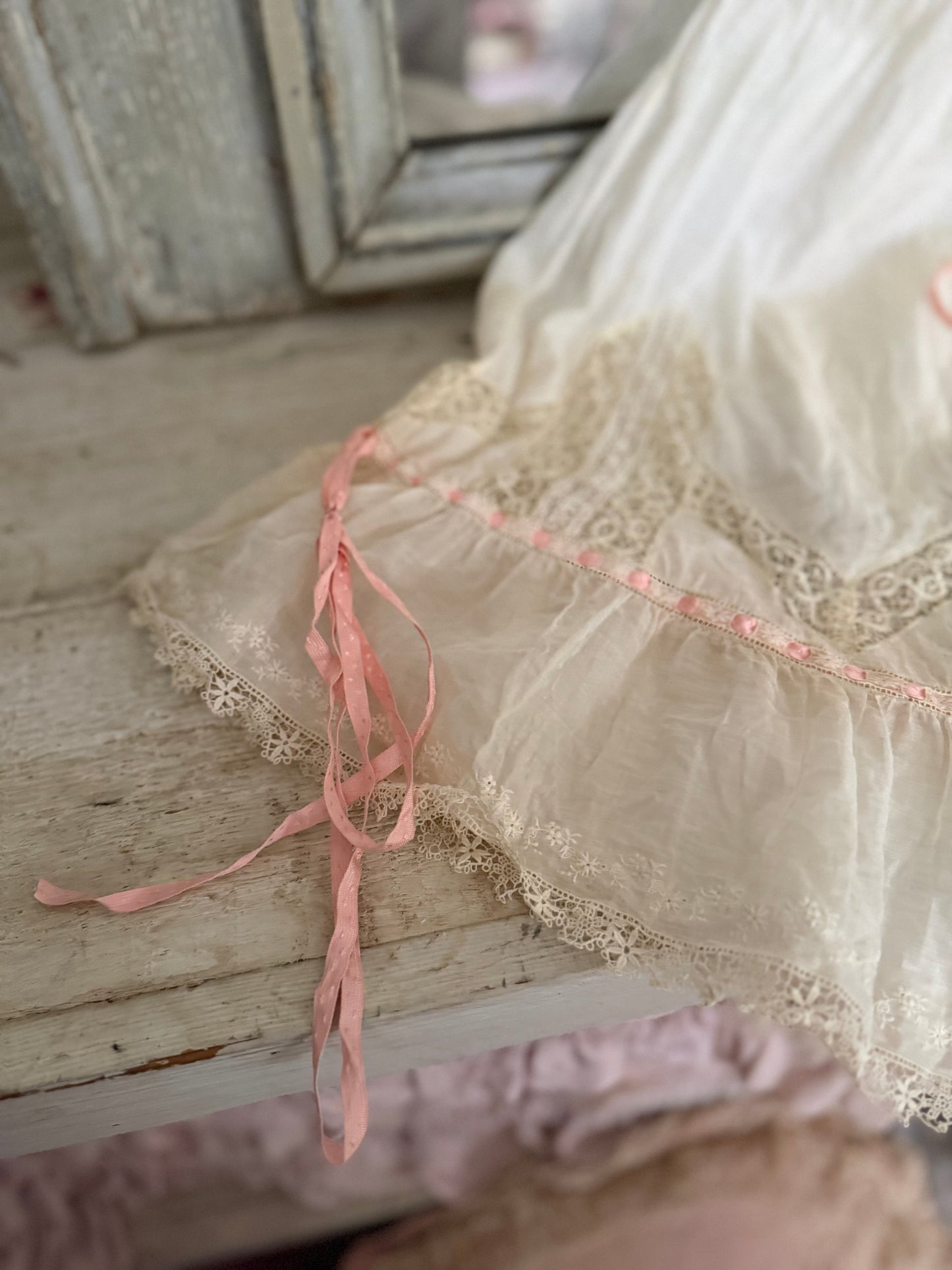 Antique Victorian Floral Lace Nightgown Slip Pink Ribbon Bow
