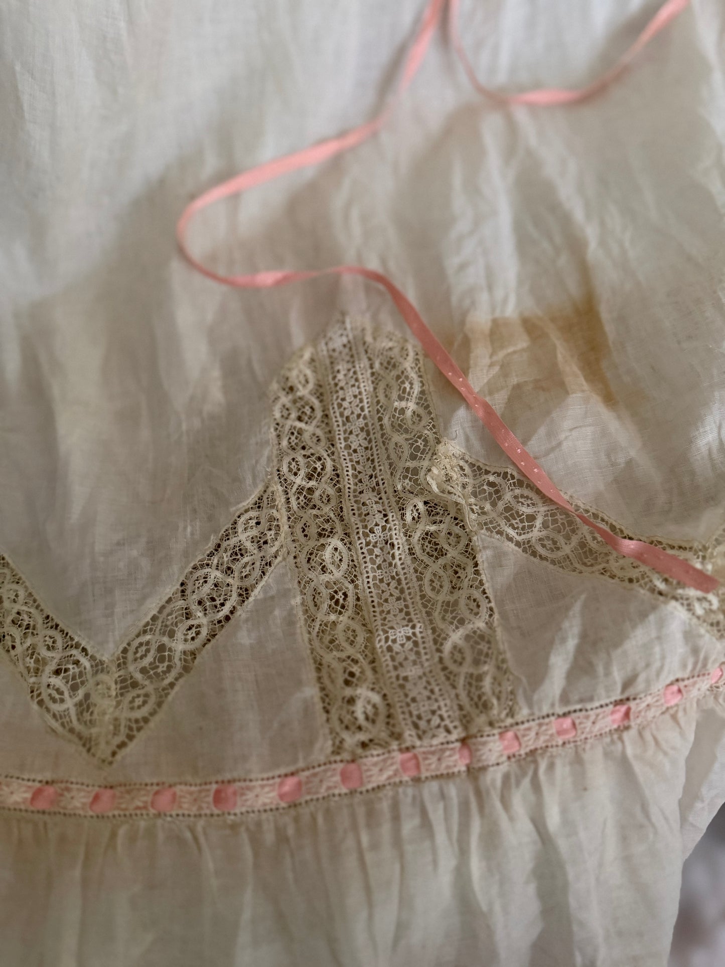 Antique Victorian Floral Lace Nightgown Slip Pink Ribbon Bow