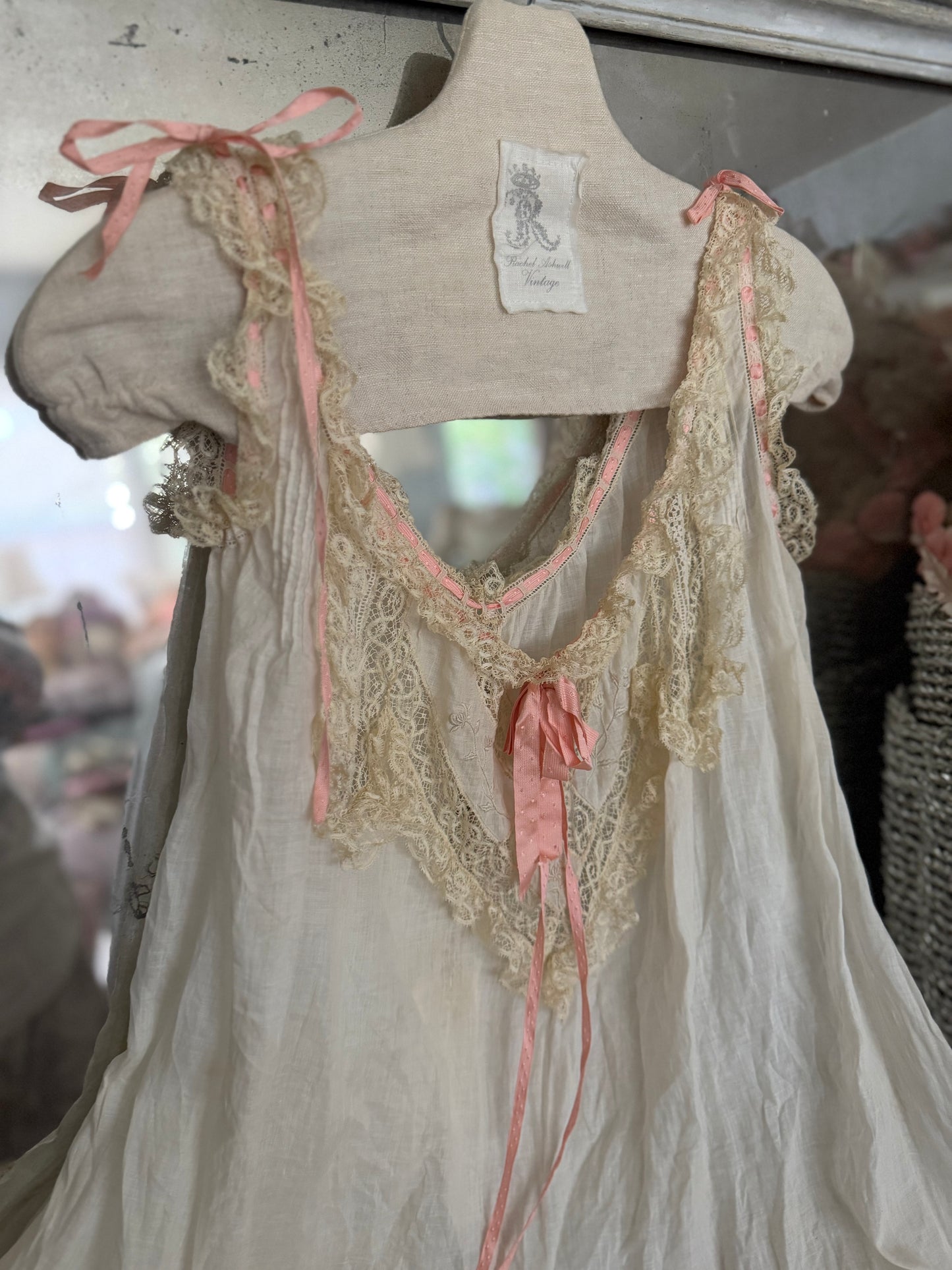 Antique Victorian Floral Lace Nightgown Slip Pink Ribbon Bow