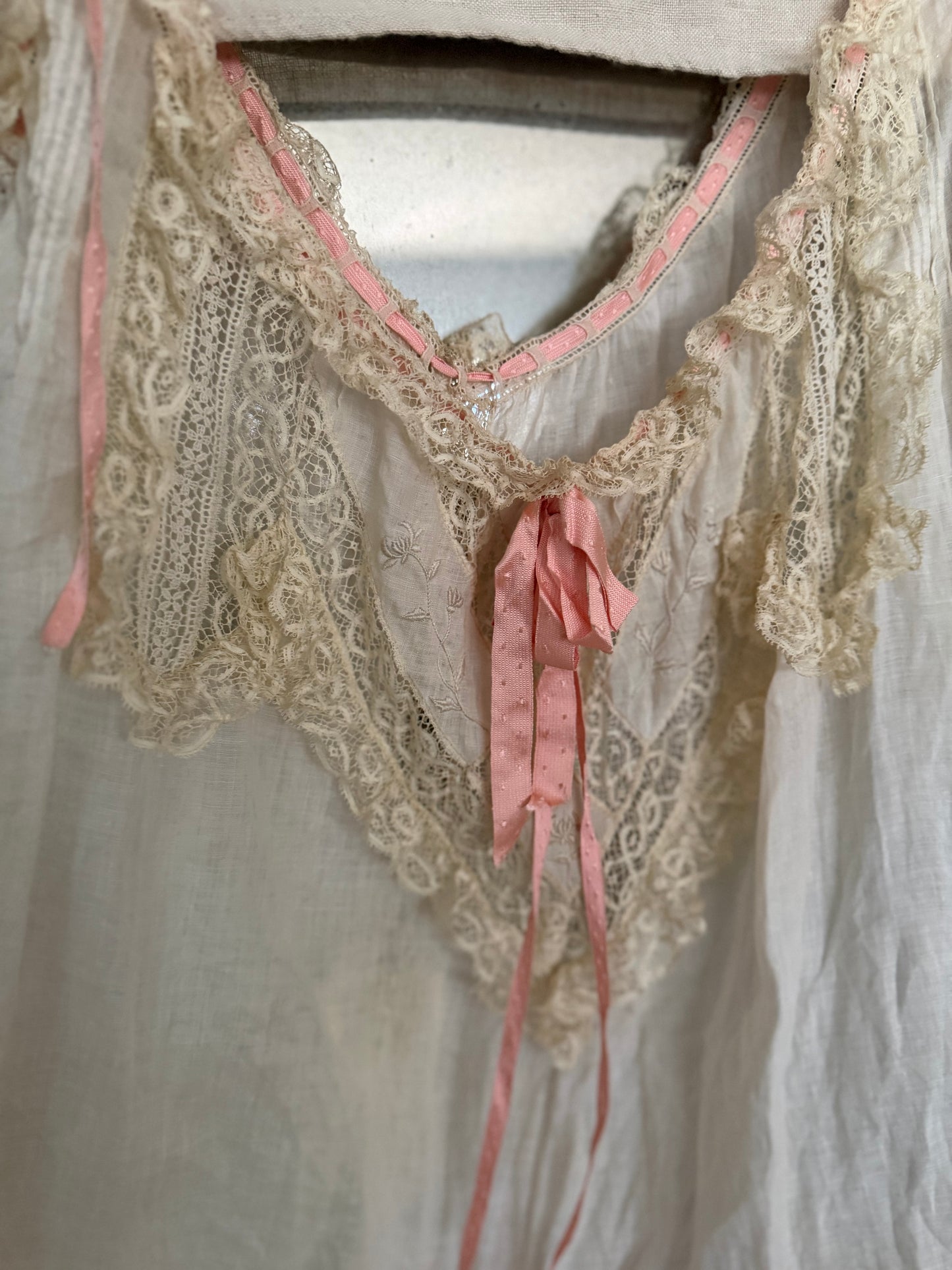 Antique Victorian Floral Lace Nightgown Slip Pink Ribbon Bow