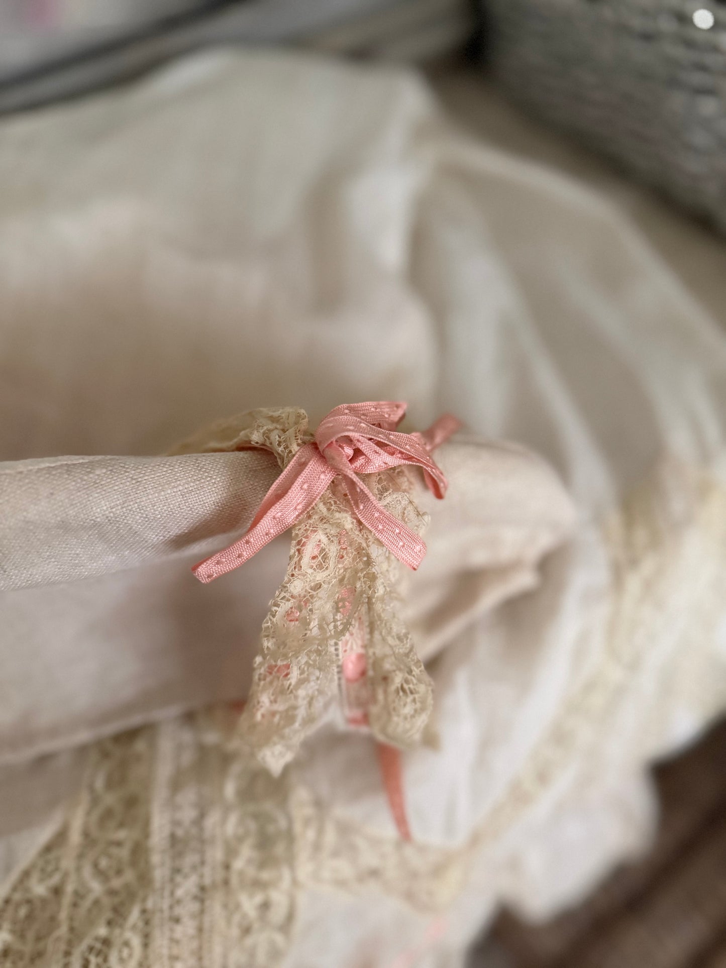 Antique Victorian Floral Lace Nightgown Slip Pink Ribbon Bow