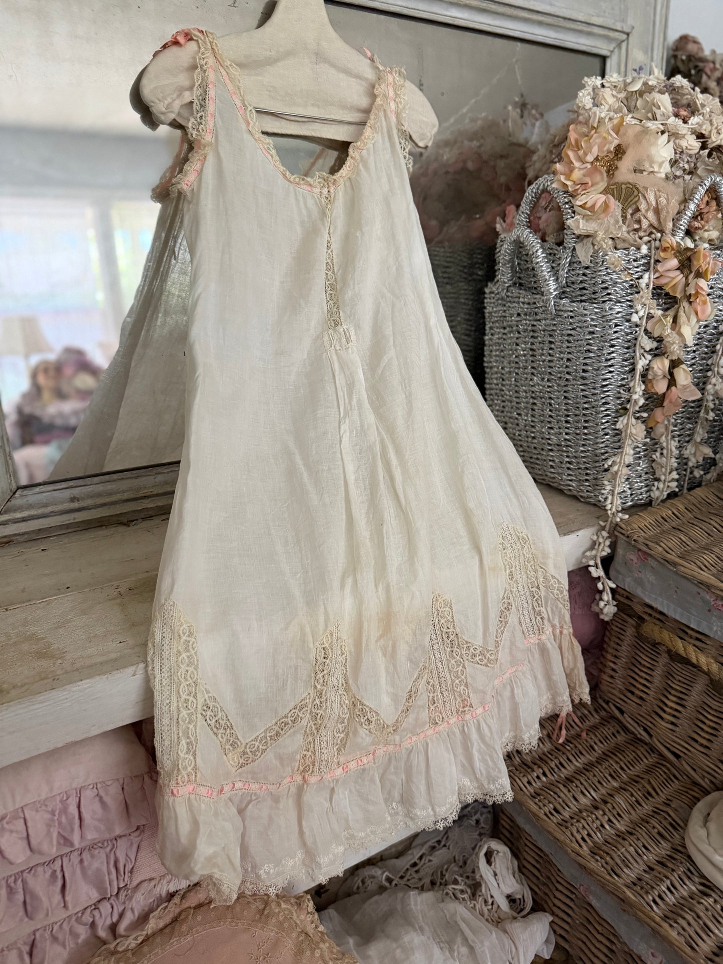 Antique Victorian Floral Lace Nightgown Slip Pink Ribbon Bow