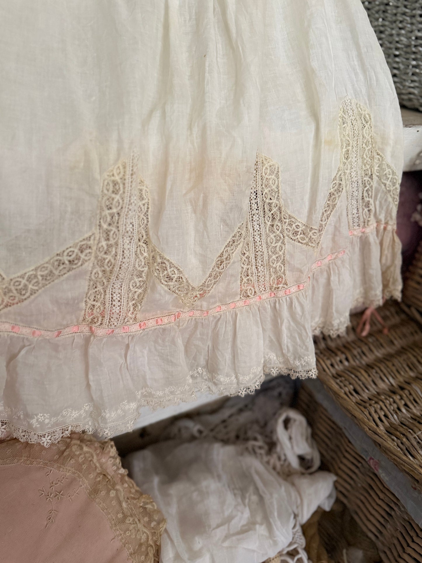 Antique Victorian Floral Lace Nightgown Slip Pink Ribbon Bow