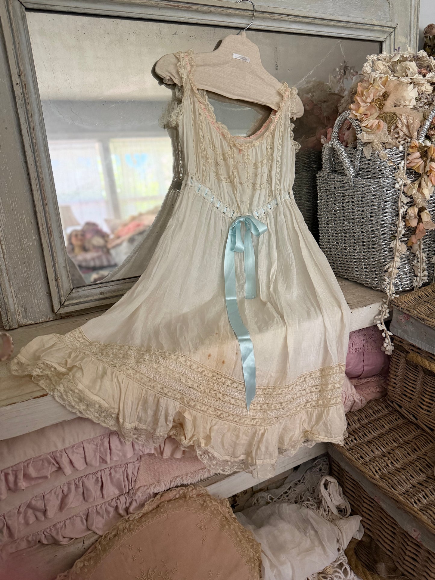 Antique Victorian Floral Lace Nightgown Slip Ribbon Bow