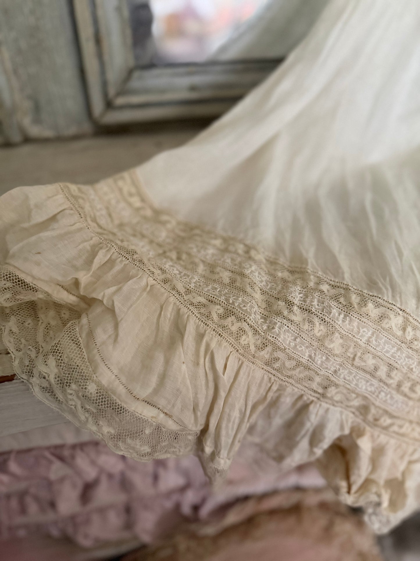Antique Victorian Floral Lace Nightgown Slip Ribbon Bow