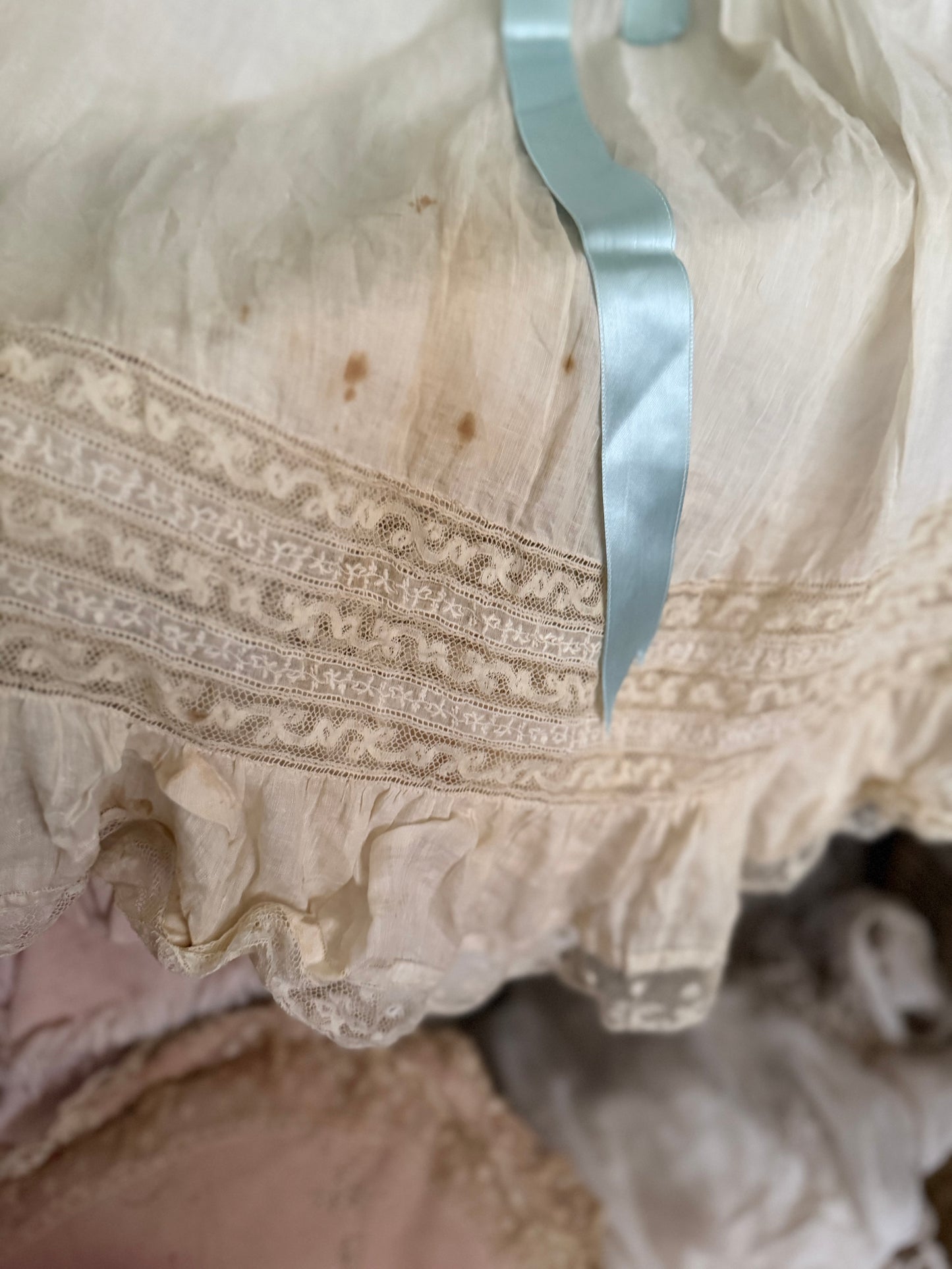 Antique Victorian Floral Lace Nightgown Slip Ribbon Bow
