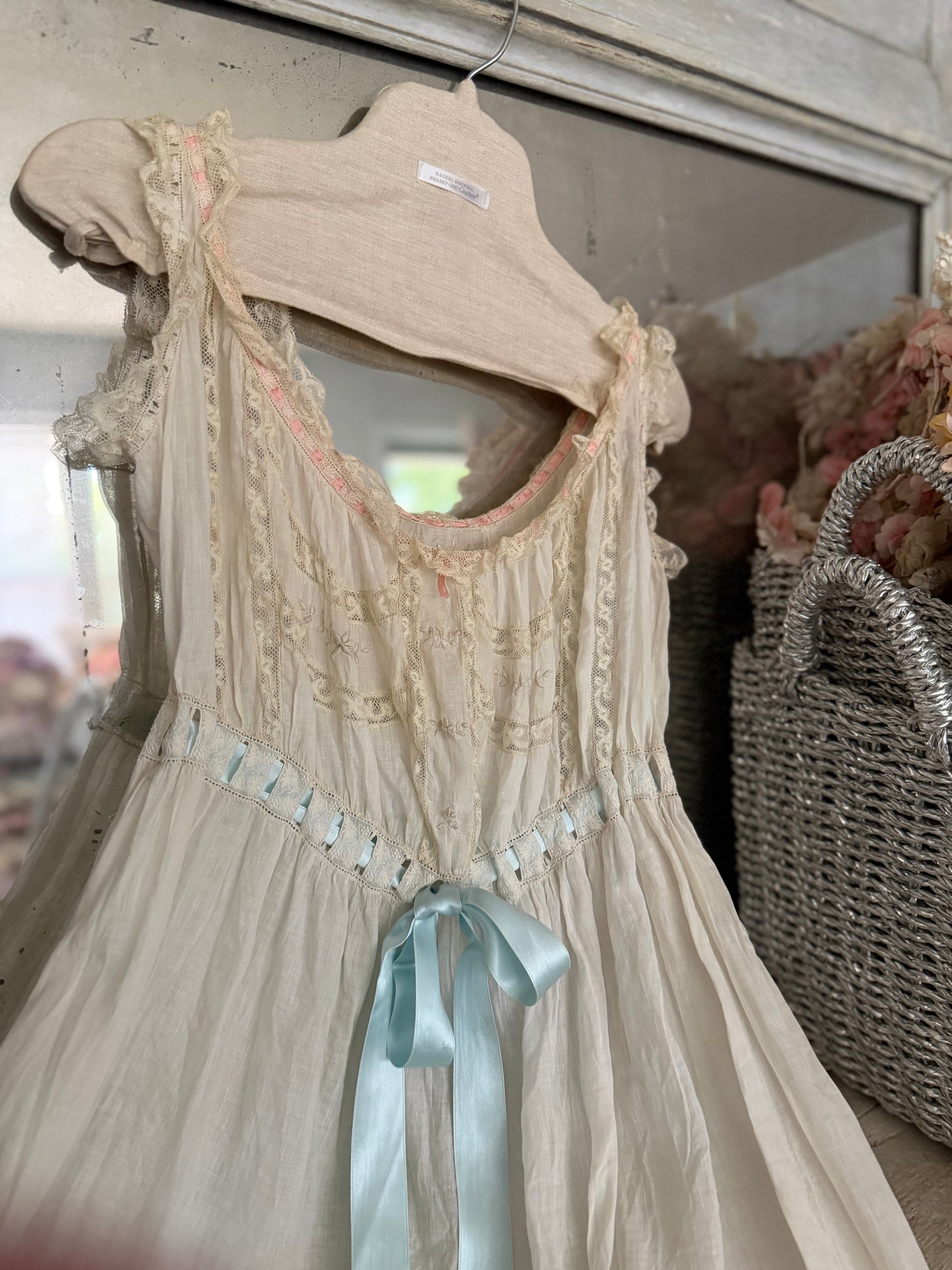 Antique Victorian Floral Lace Nightgown Slip Ribbon Bow