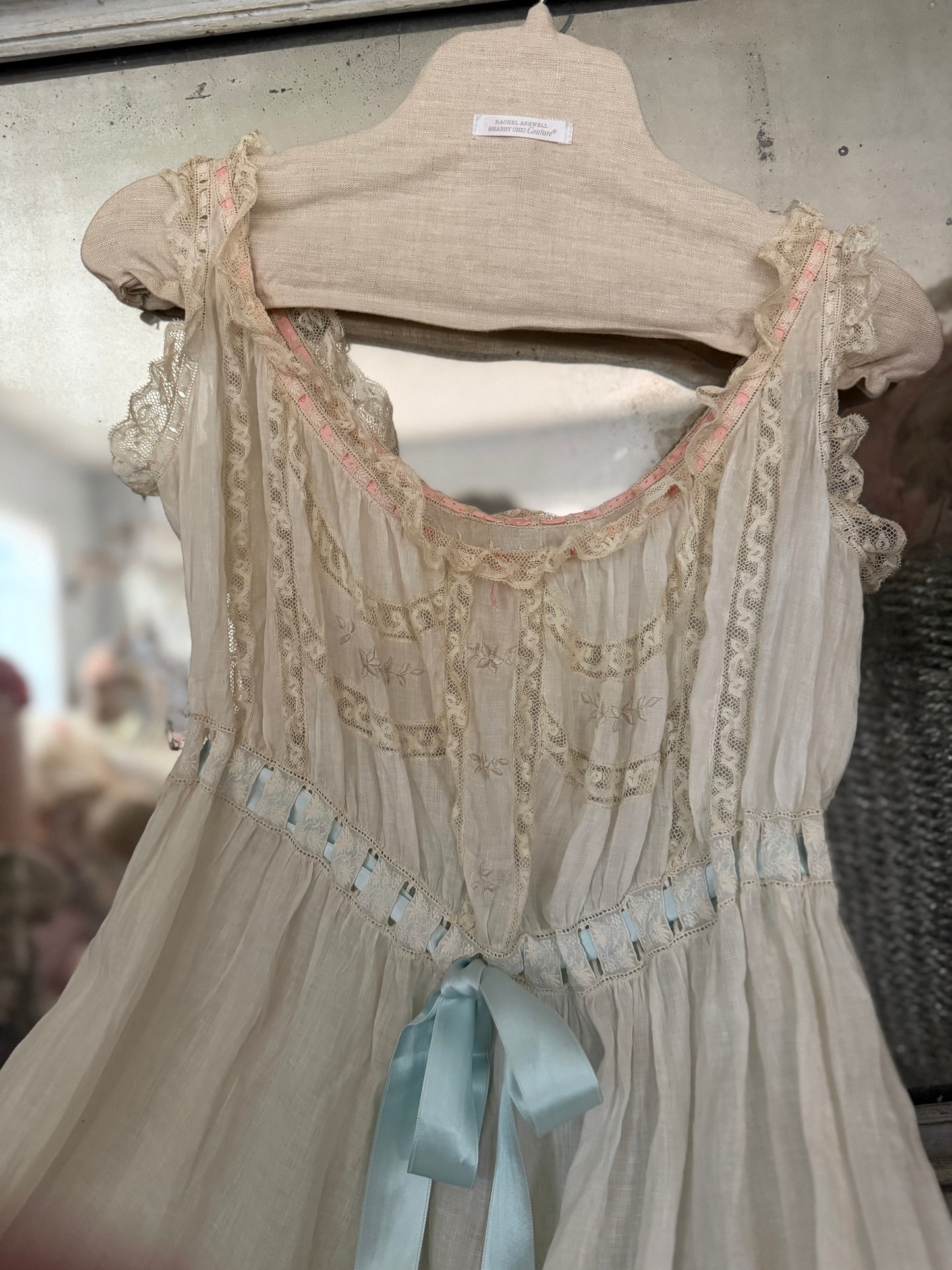 Antique Victorian Floral Lace Nightgown Slip Ribbon Bow