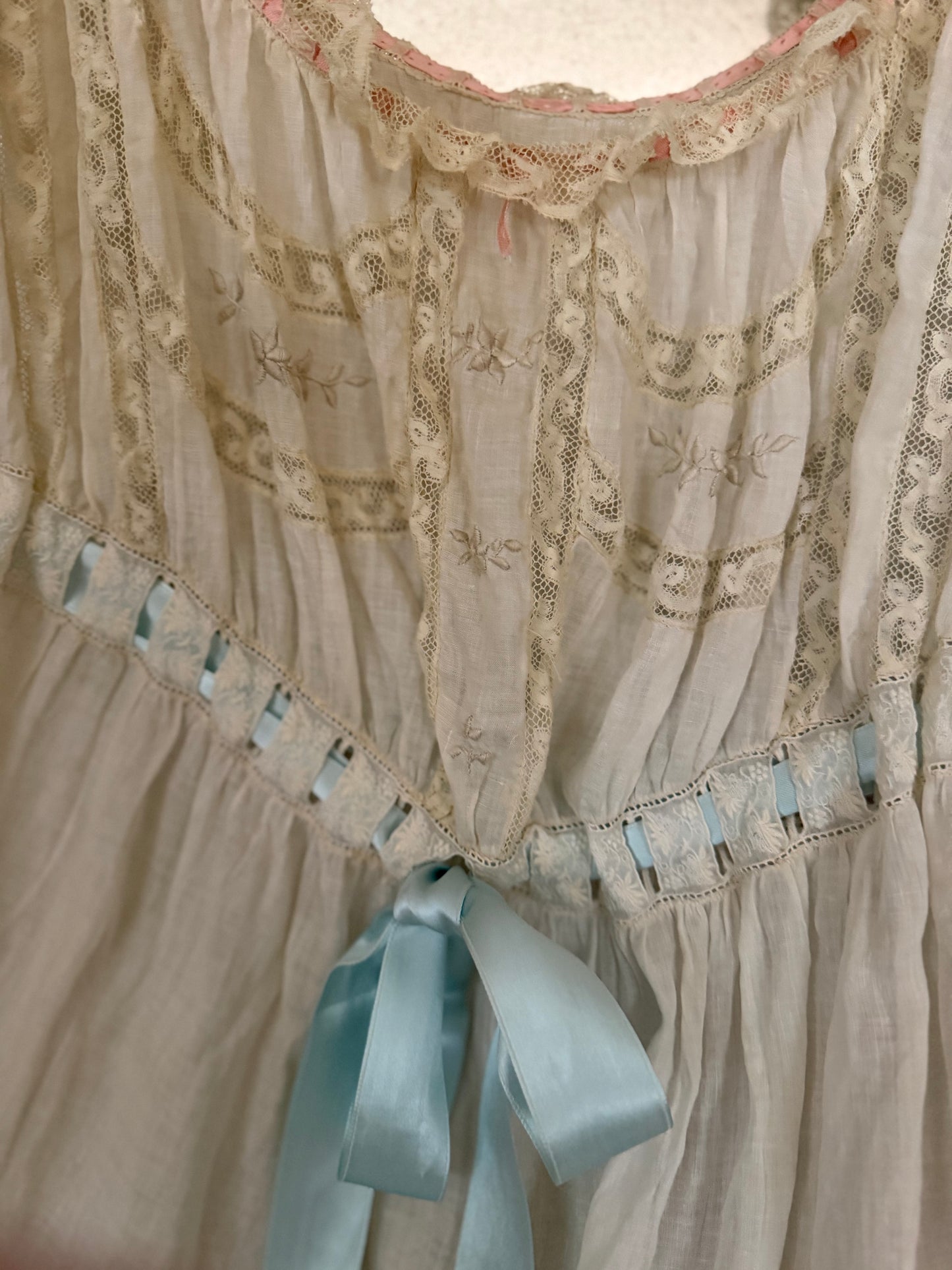 Antique Victorian Floral Lace Nightgown Slip Ribbon Bow
