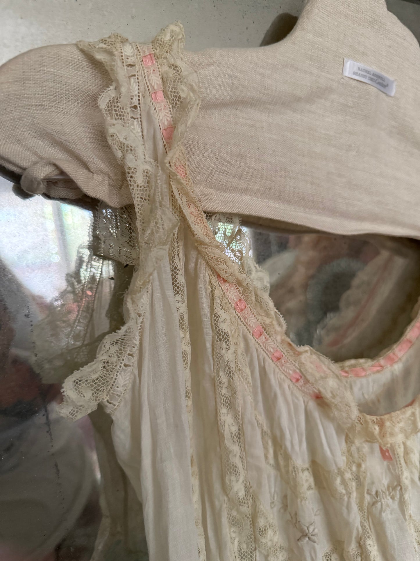 Antique Victorian Floral Lace Nightgown Slip Ribbon Bow