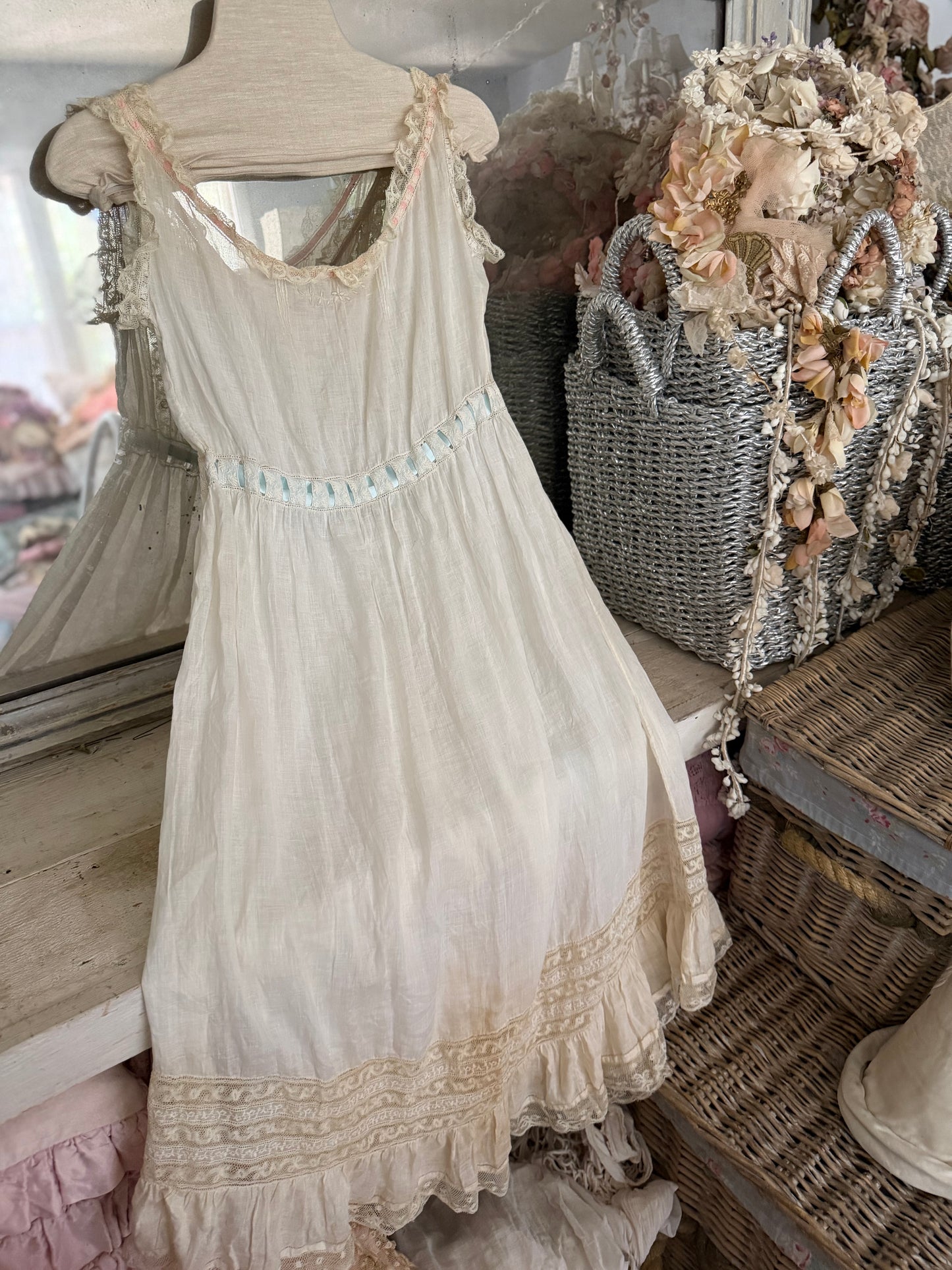 Antique Victorian Floral Lace Nightgown Slip Ribbon Bow