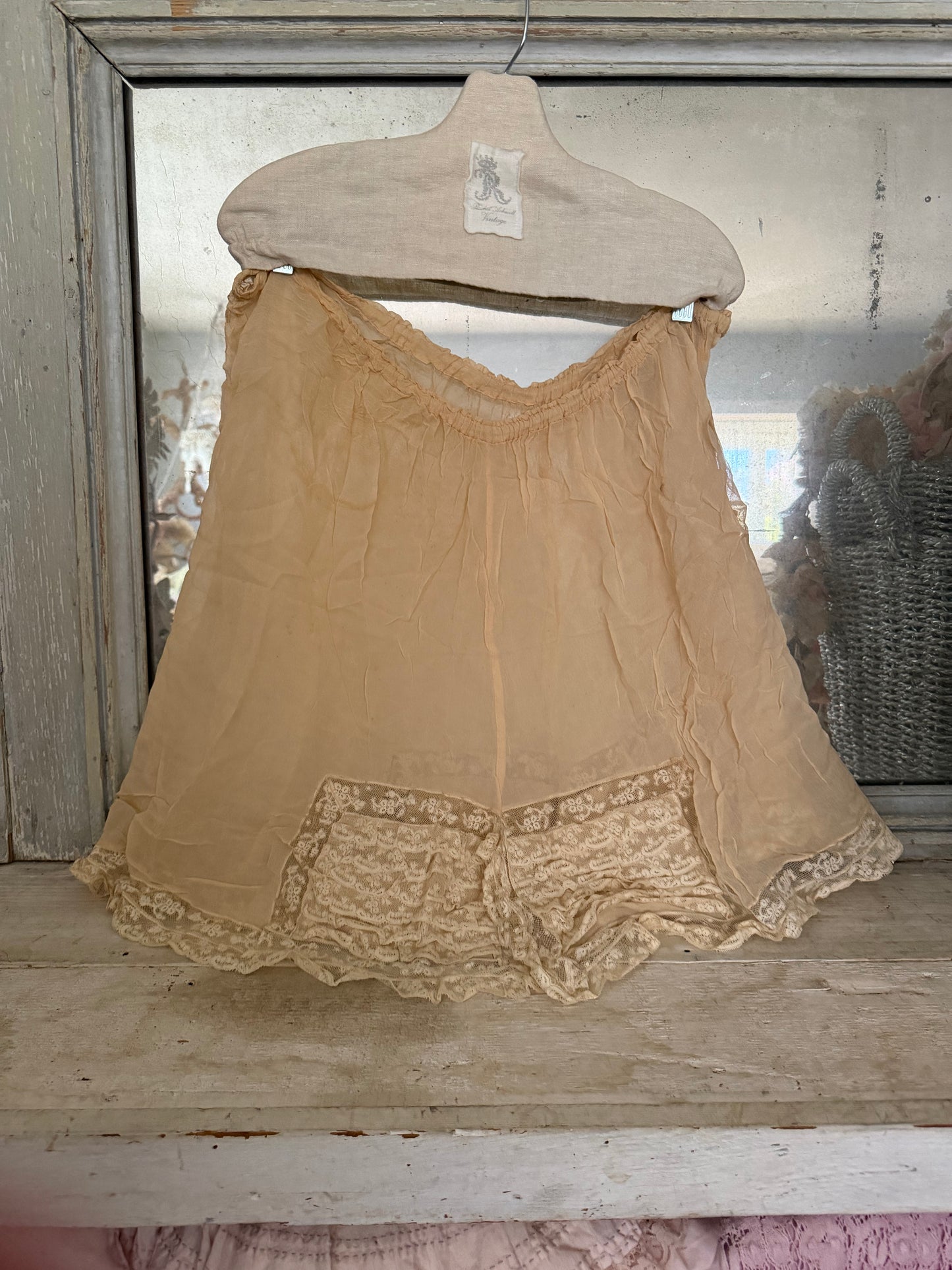 Pair Antique Pink Silk Lace Lingerie Shorts