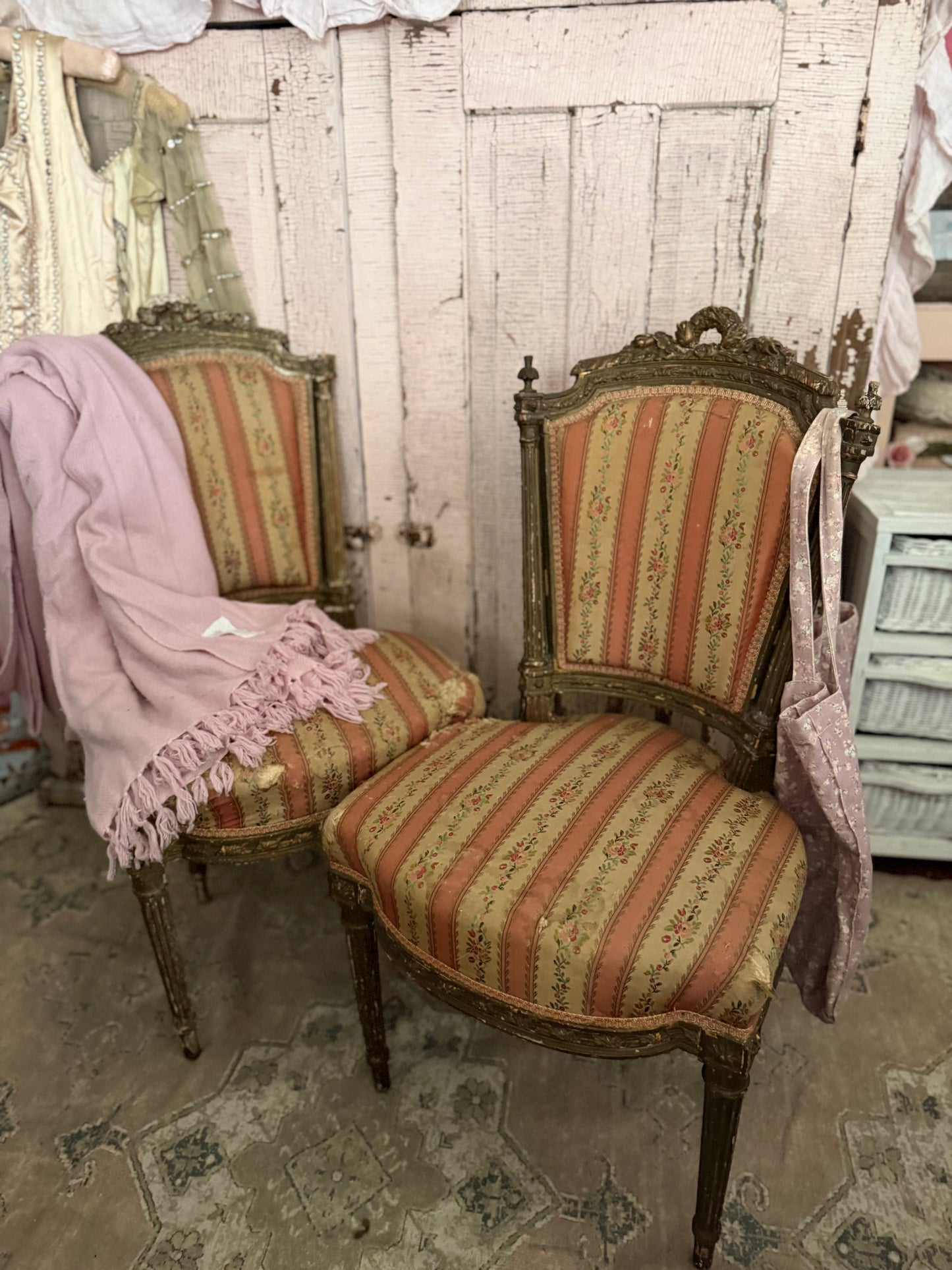 Pair Antique French Victorian Louis XVI Pink Silk Chairs