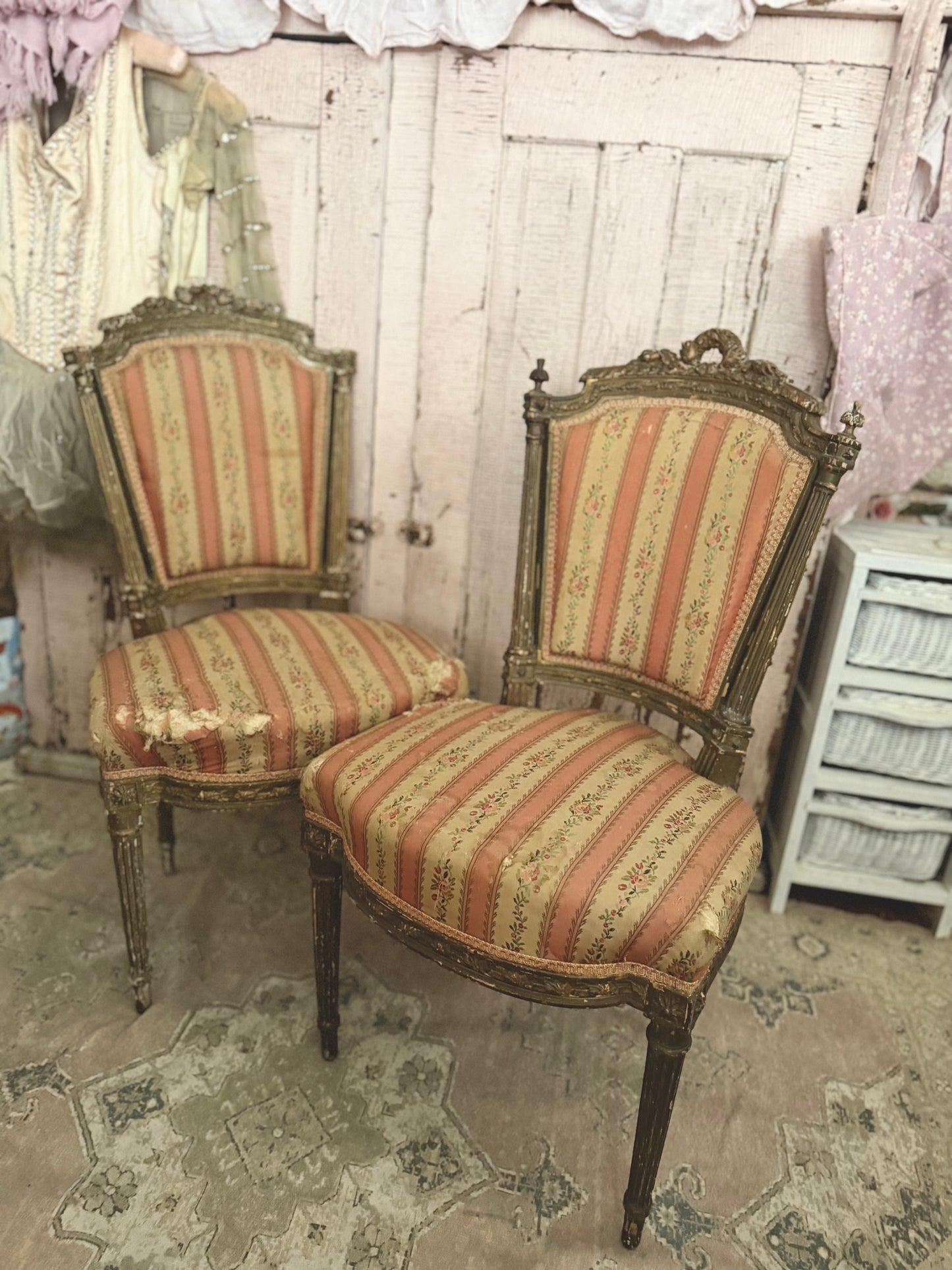 Pair Antique French Victorian Louis XVI Pink Silk Chairs