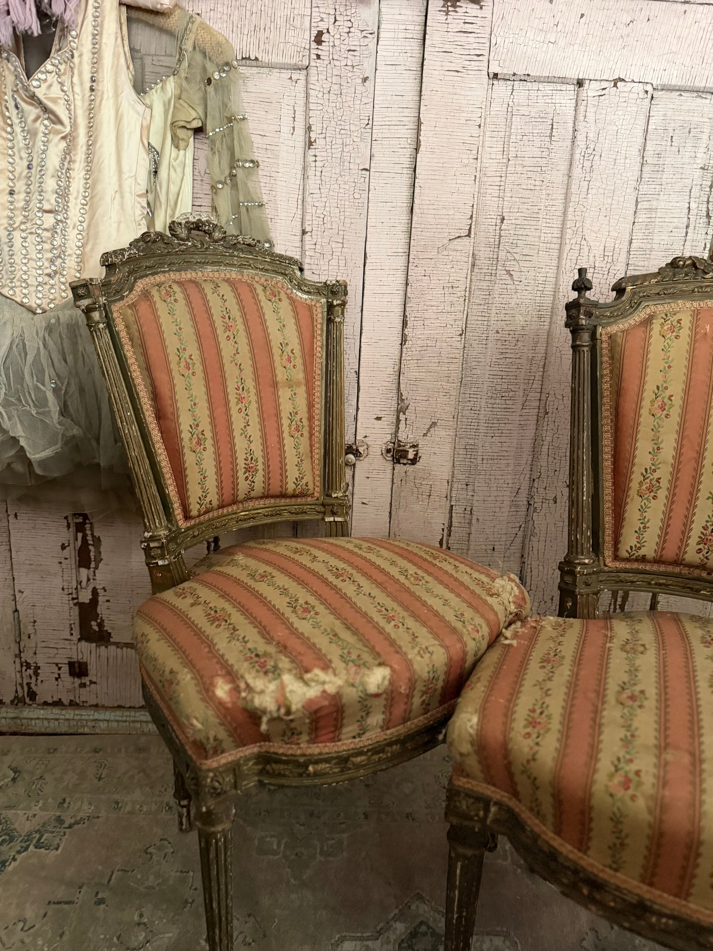 Pair Antique French Victorian Louis XVI Pink Silk Chairs