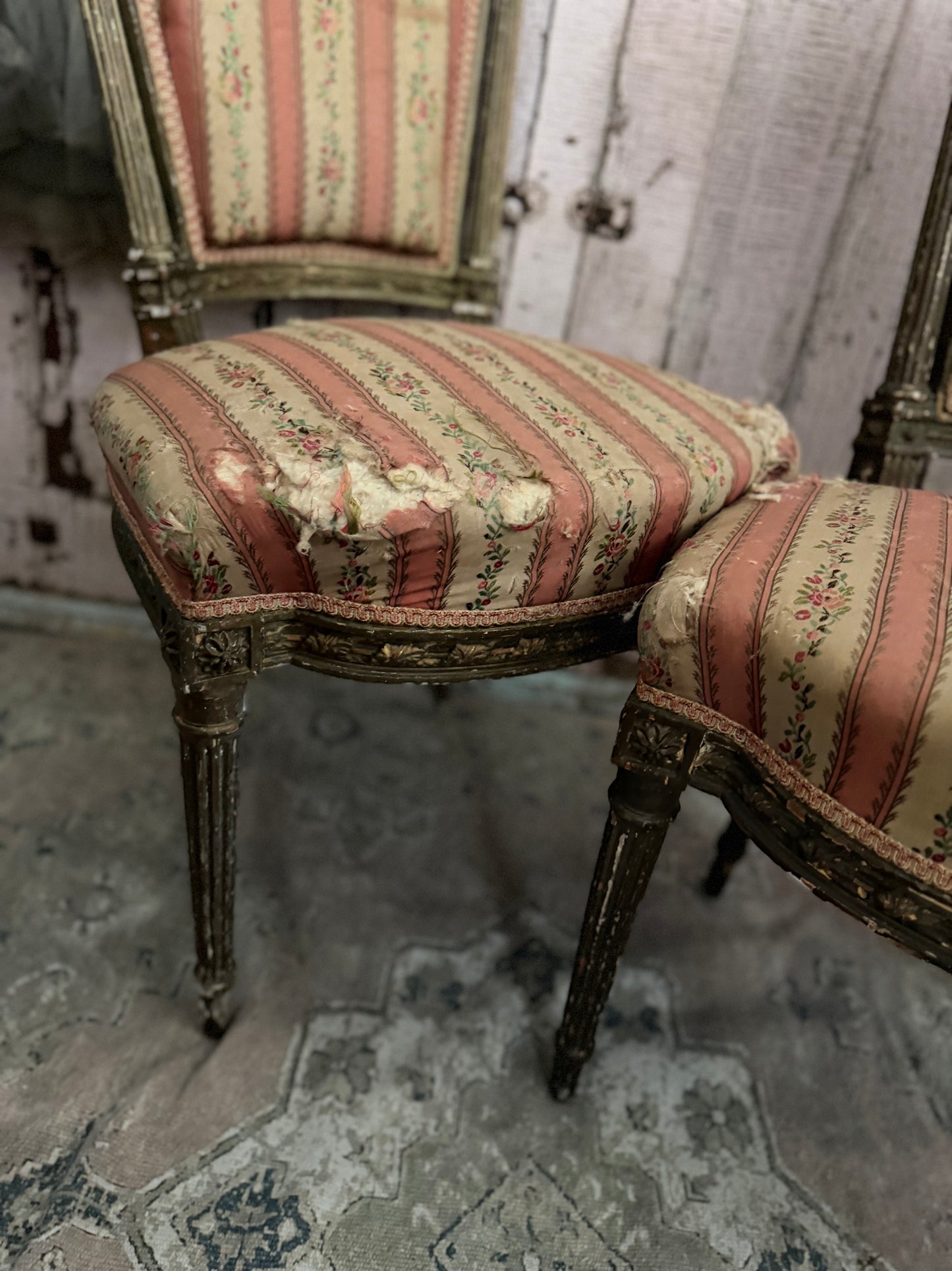 Pair Antique French Victorian Louis XVI Pink Silk Chairs