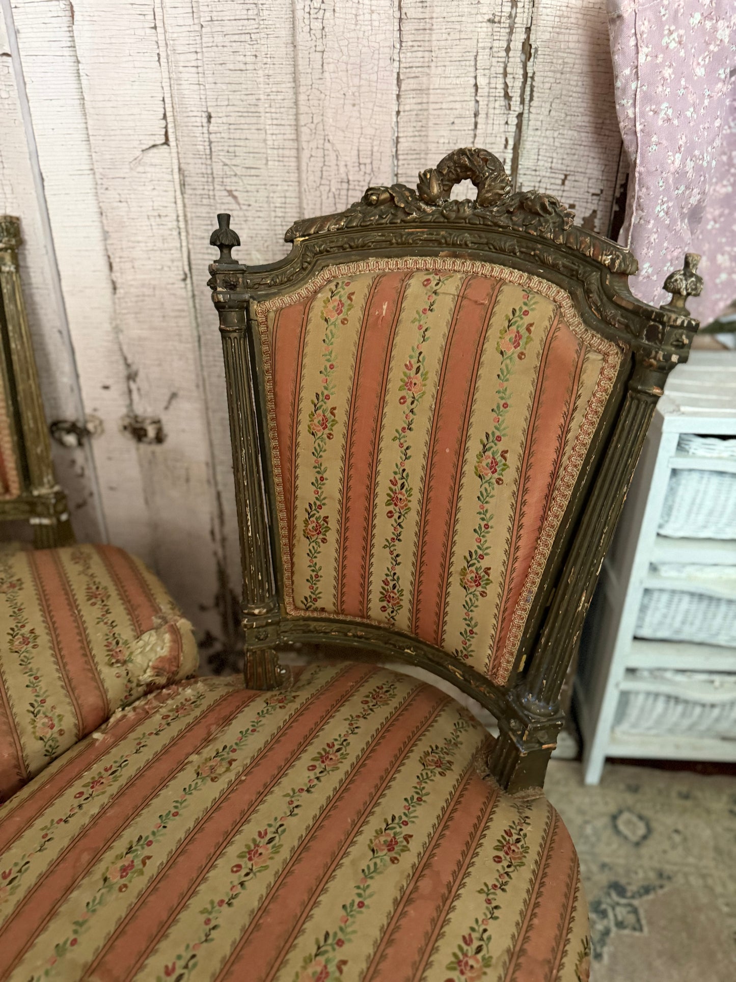 Pair Antique French Victorian Louis XVI Pink Silk Chairs