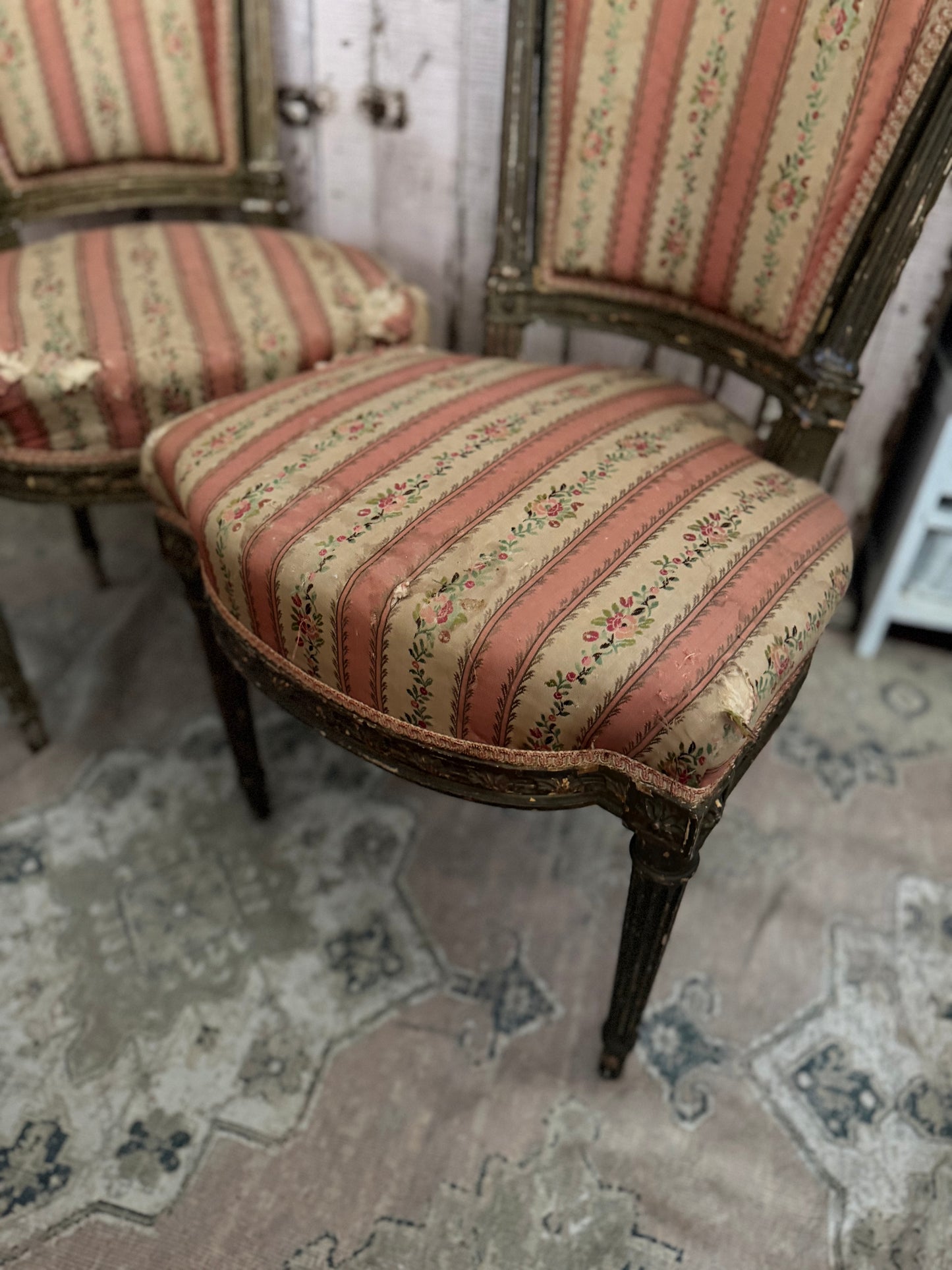 Pair Antique French Victorian Louis XVI Pink Silk Chairs
