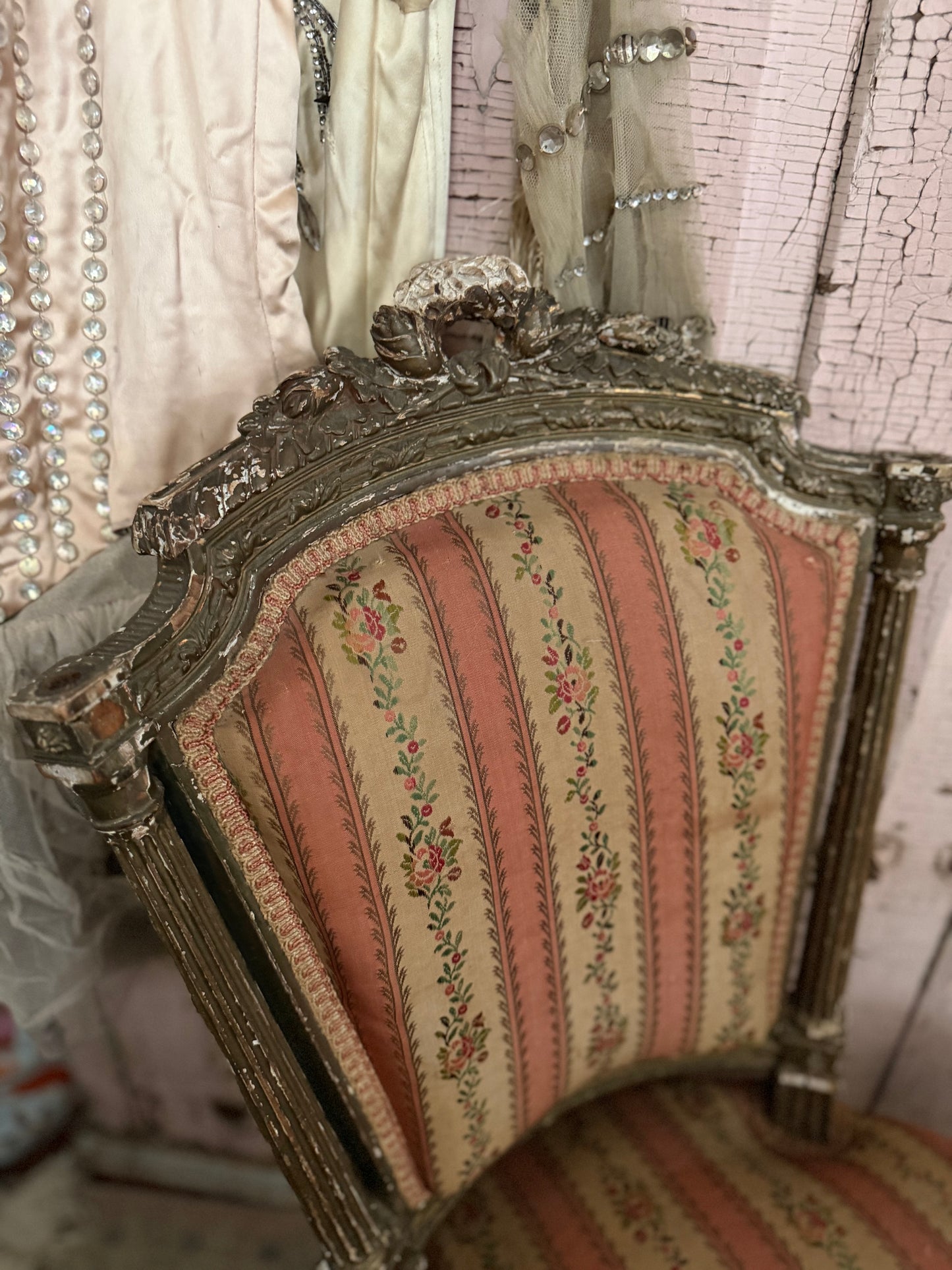 Pair Antique French Victorian Louis XVI Pink Silk Chairs