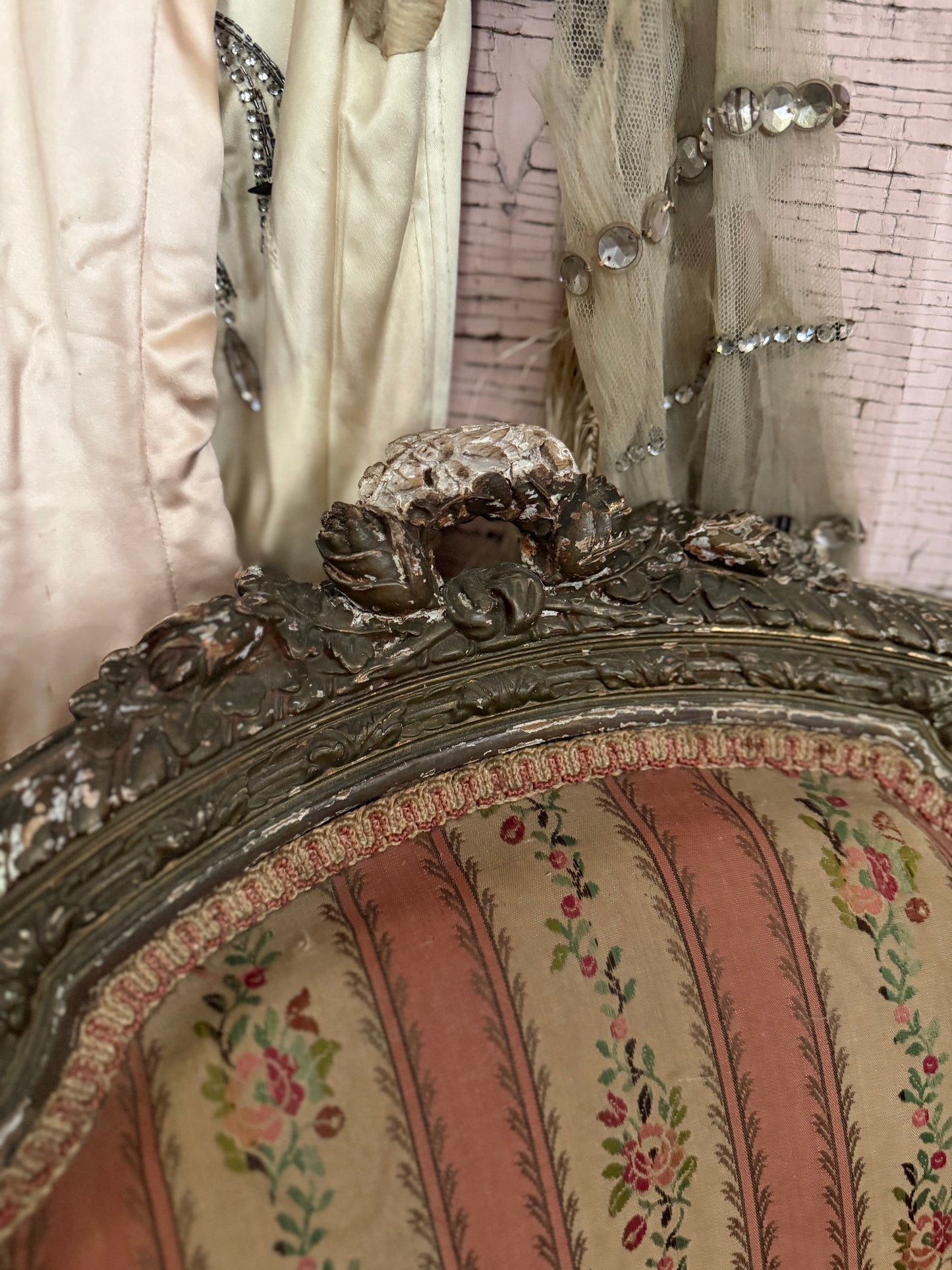 Pair Antique French Victorian Louis XVI Pink Silk Chairs
