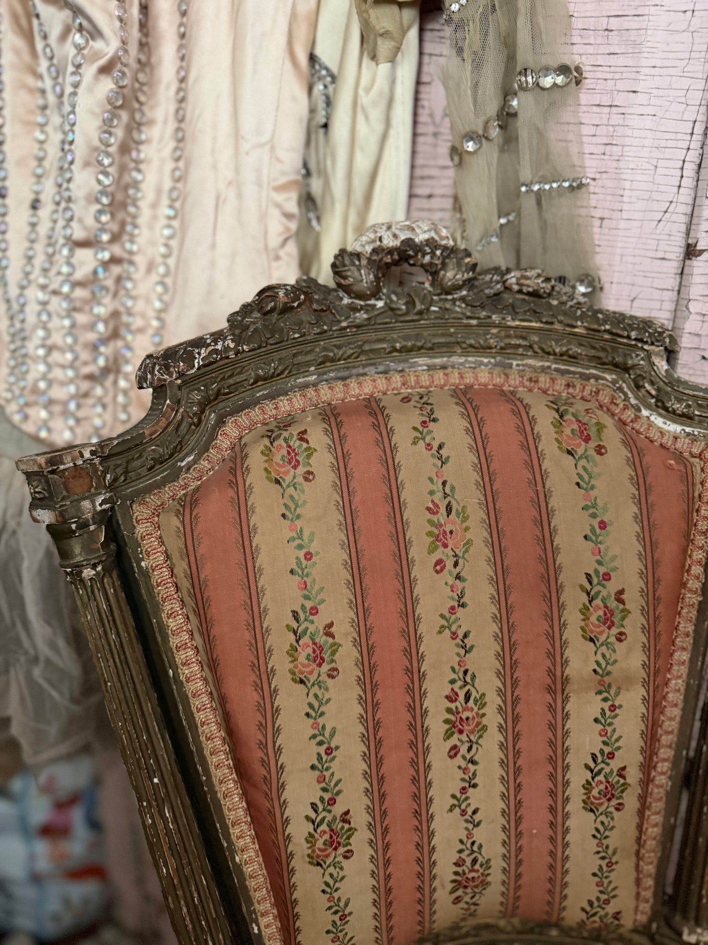Pair Antique French Victorian Louis XVI Pink Silk Chairs