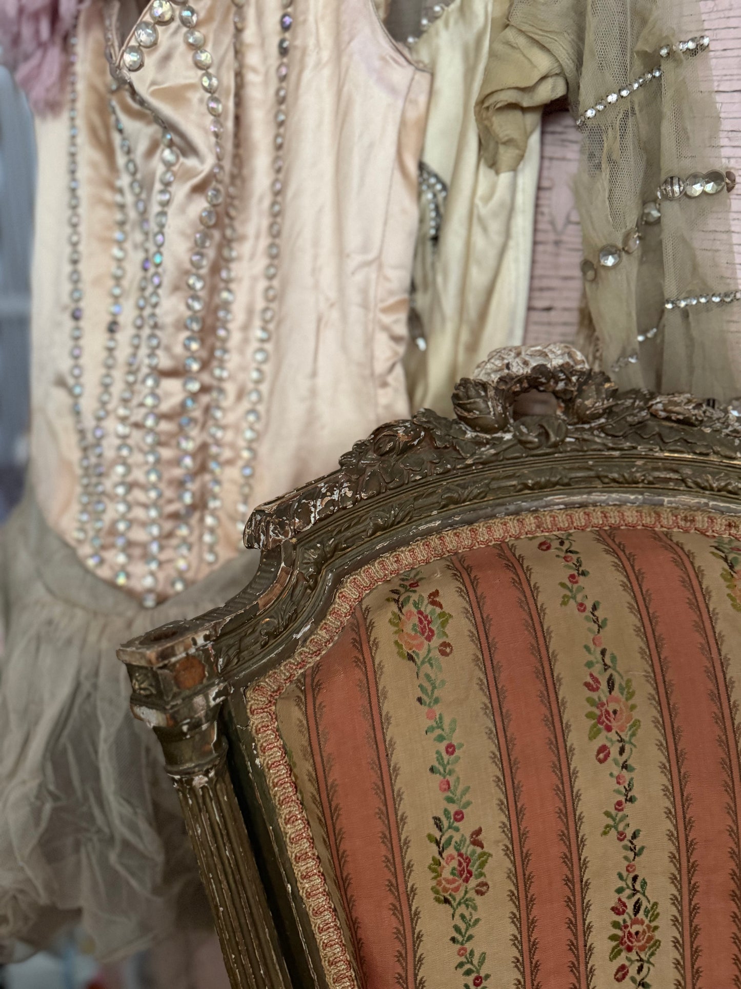 Pair Antique French Victorian Louis XVI Pink Silk Chairs