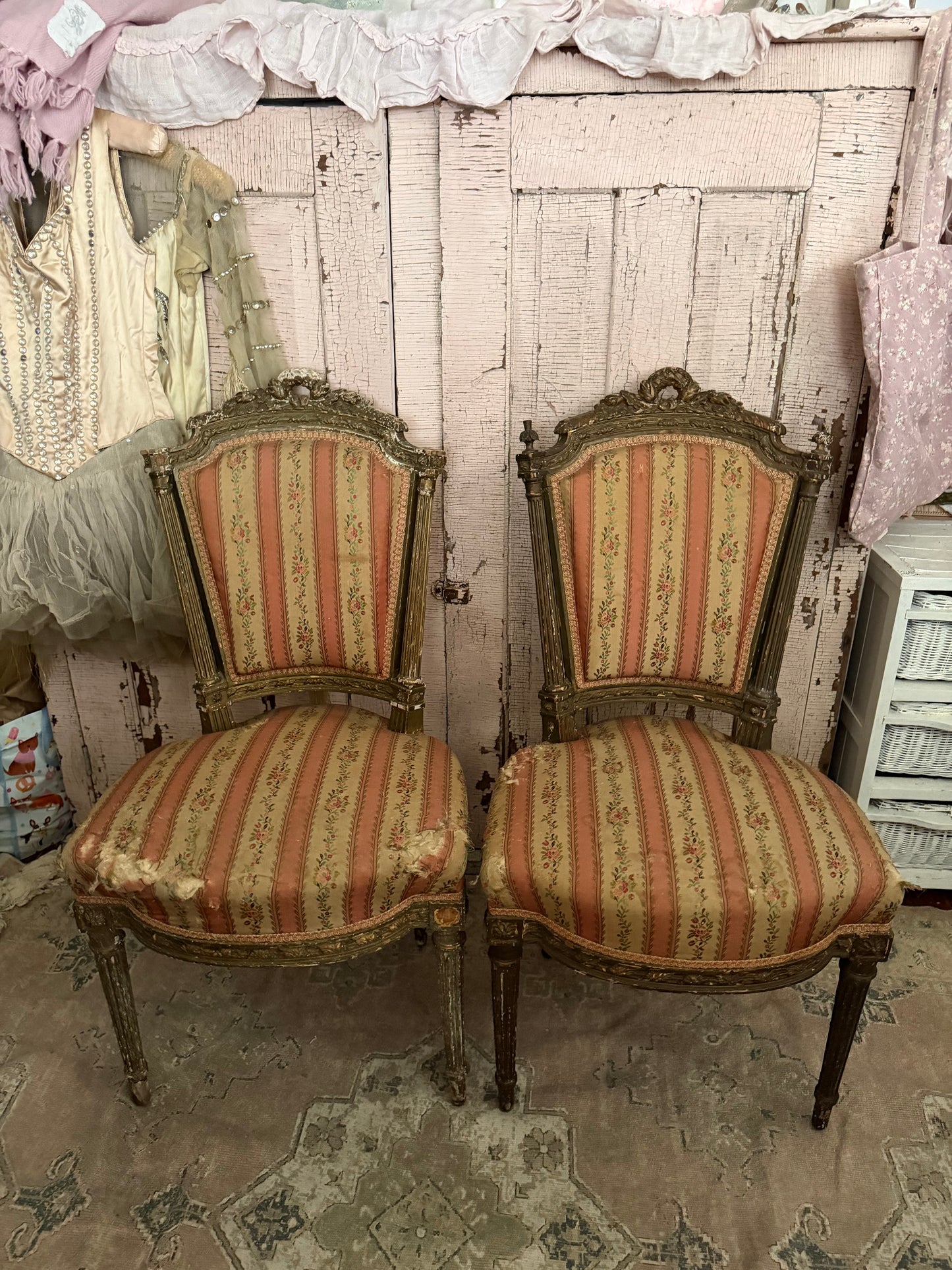 Pair Antique French Victorian Louis XVI Pink Silk Chairs
