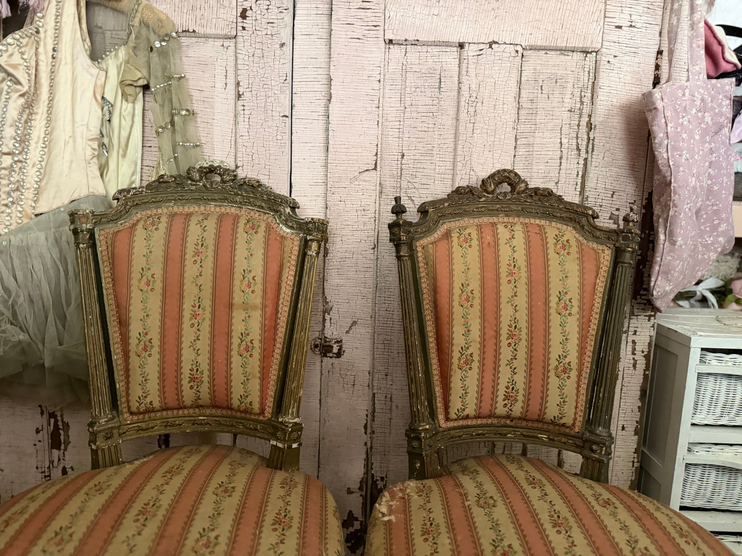 Pair Antique French Victorian Louis XVI Pink Silk Chairs